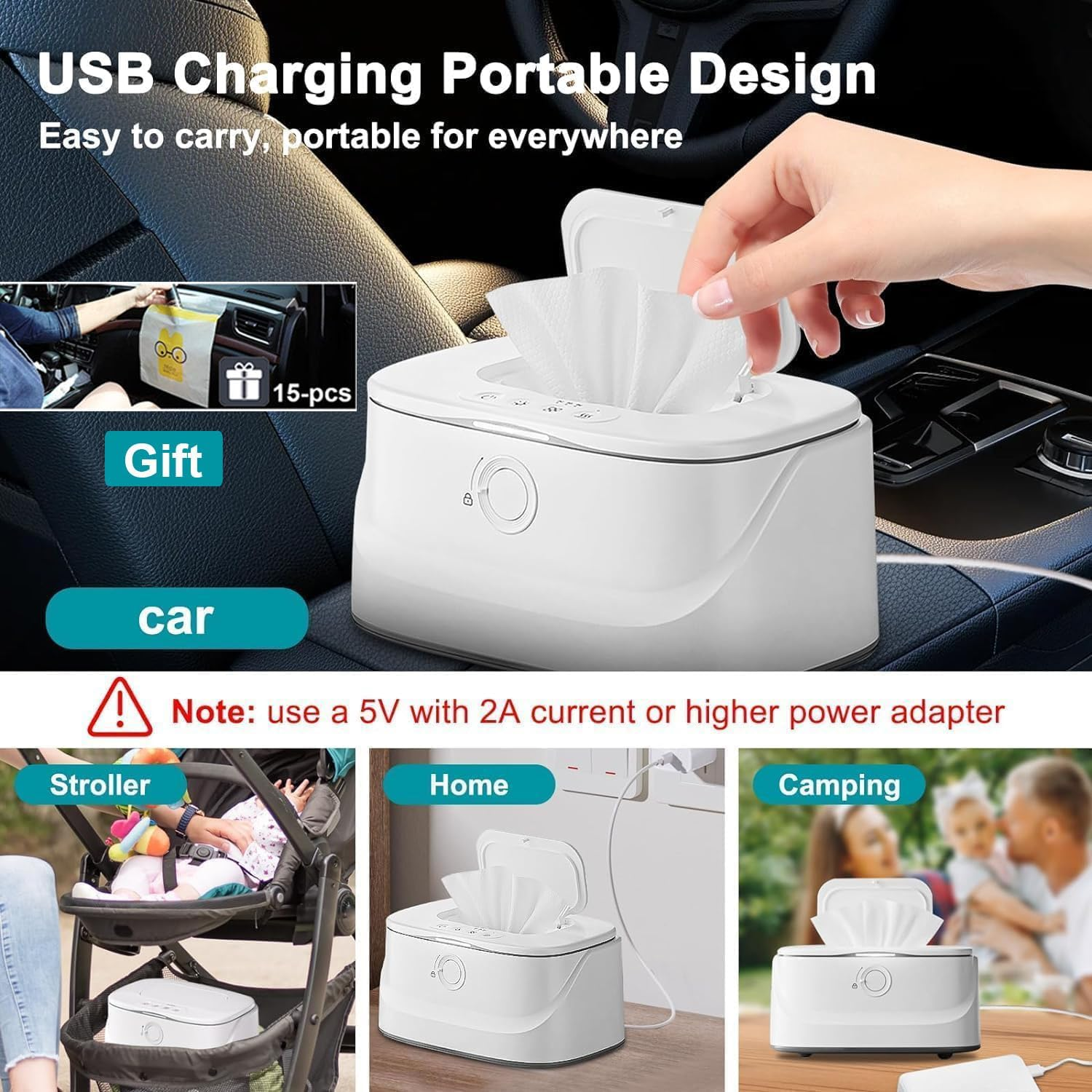 ◉ Baby Wipe Warmer, Innovative Spring Design, Large Capacity Wipes Dispenser with 3 Temperature Modes | Night Light | USB Powered | Fast & Even Heating | Newborn Essentials for Home Car Travel image number 6