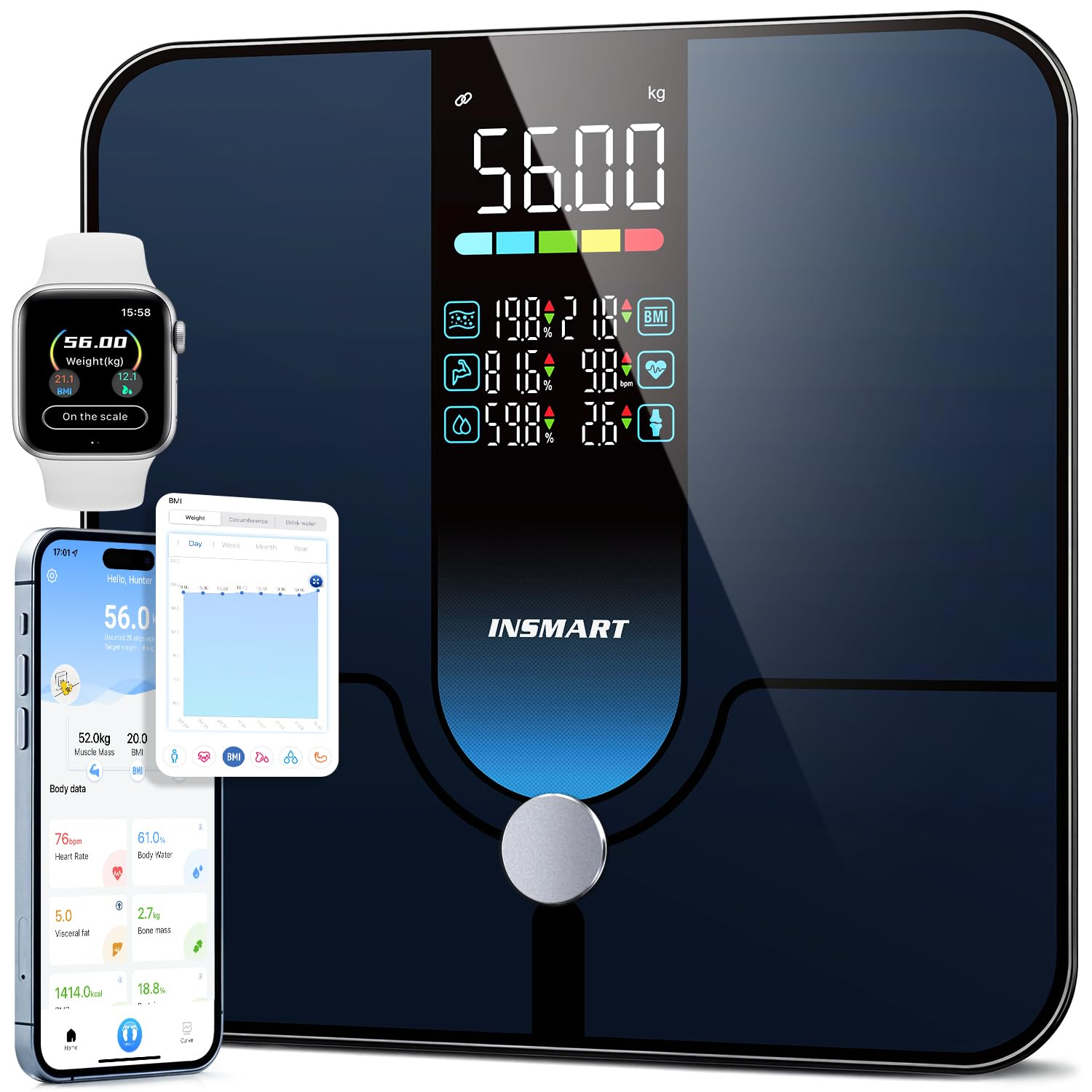 Smart Bathroom Scales Body Weight and Fat Percentage, INSMART Color Display High Precision Weight Scale, Digital Scale for Accurate BMI Muscle Mass Composition - Black image number 3
