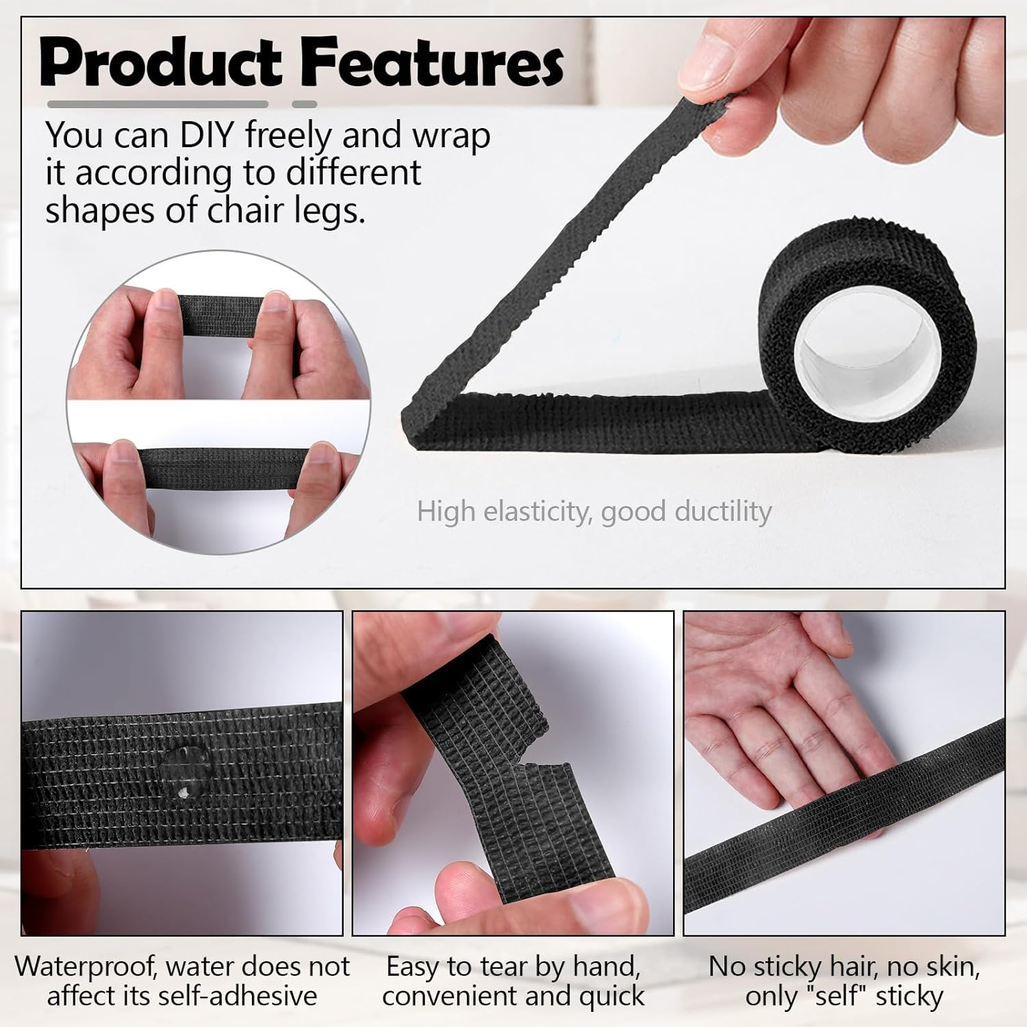 10 Pack Tapes Chair Leg Floor Protectors, Self Adhesive anti Slip Furniture Pads Tape Roll 1" X 177", Suitable for Different Furniture Legs Hardwood Floor Table Couch (Black) image number 3