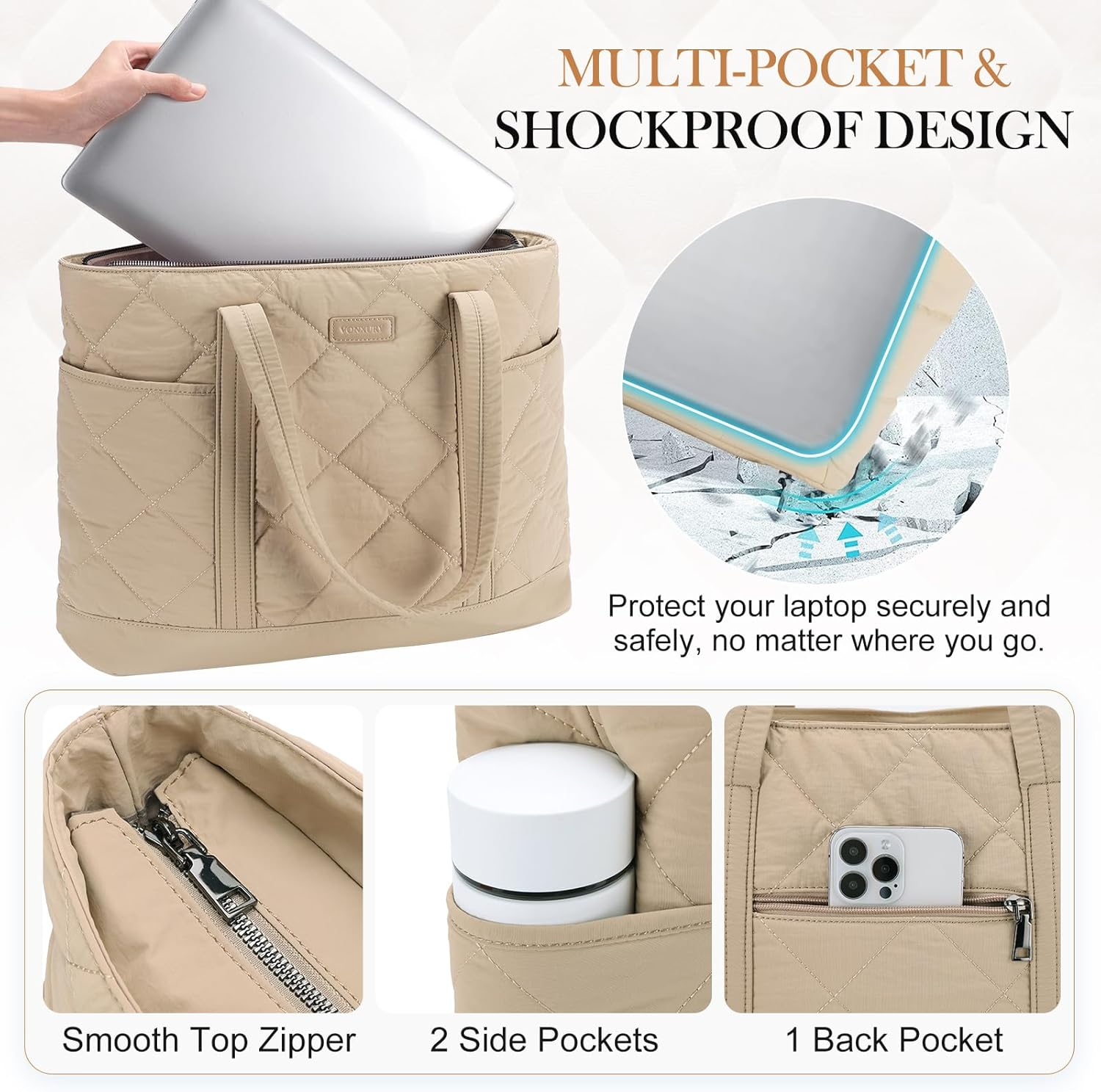 VX VONXURY Tote Bag for Women,Puffer Handbag with Multi Pockets Large Quilted Shoulder Bag for Daily Travel image number 3