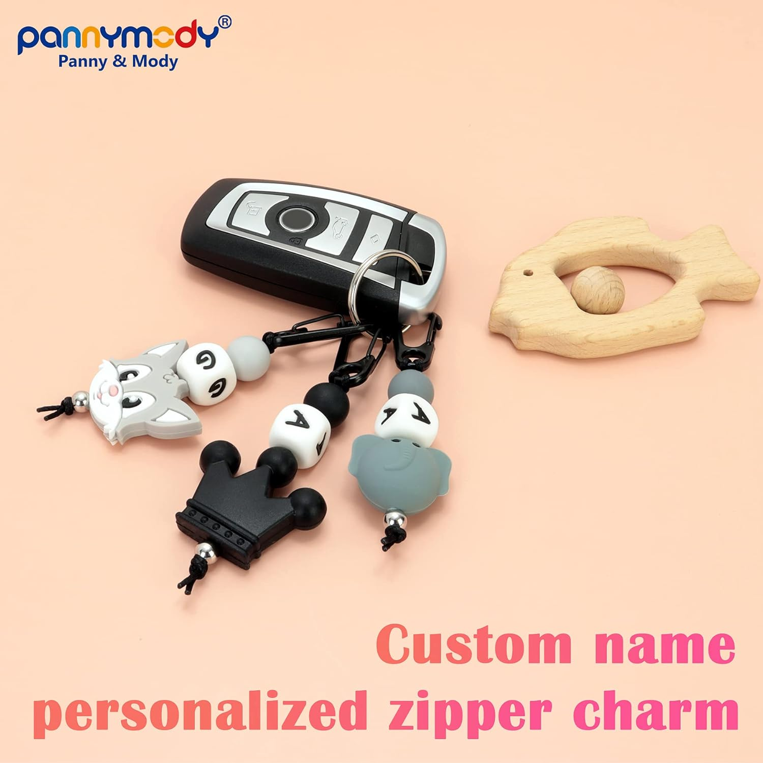 Personalised School Bag Name Tag Child ID Tag with Name, Silicone Beaded Name Tag for Childcare, Daycare, Kindergarten Backpacks - Grey Cat image number 3