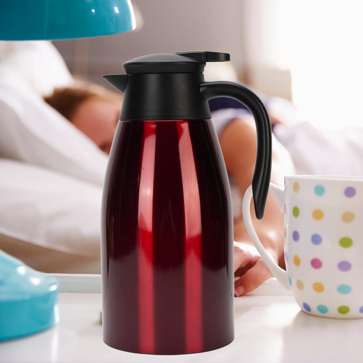 Thermal Coffee Carafe 68Oz / 2L, Coffee Carafe for Keeping Hot, 12 Hours Hot Beverage Dispenser, Insulated Stainless Steel Carafe for Hot Liquids, Coffee Dispenser for Parties, Red image number 3