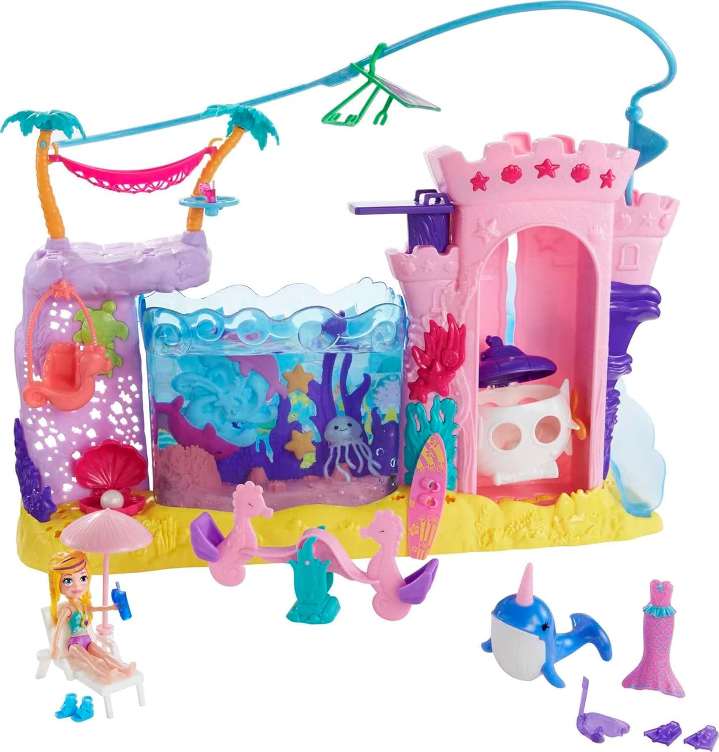 Polly Pocket ​ Sea & Swim Adventure Playset, 3-In/7.62-Cm Polly Doll, Water Tank Feature, Fun Water Activities & Accessories, Snorkel, Fins, Surfboard & More, Great Gift for Ages 4 Years Old & Up