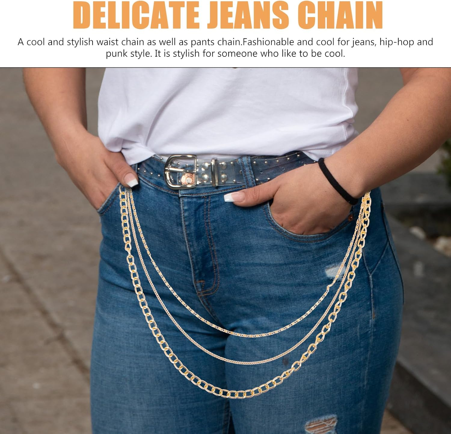 Outanaya 2Pcs Unisex Metal Pants Chain Gold Color Punk Style Wear-Resistant Hanging Chain Decorative Jeans Accessory for Men and Women Casual Pants image number 2