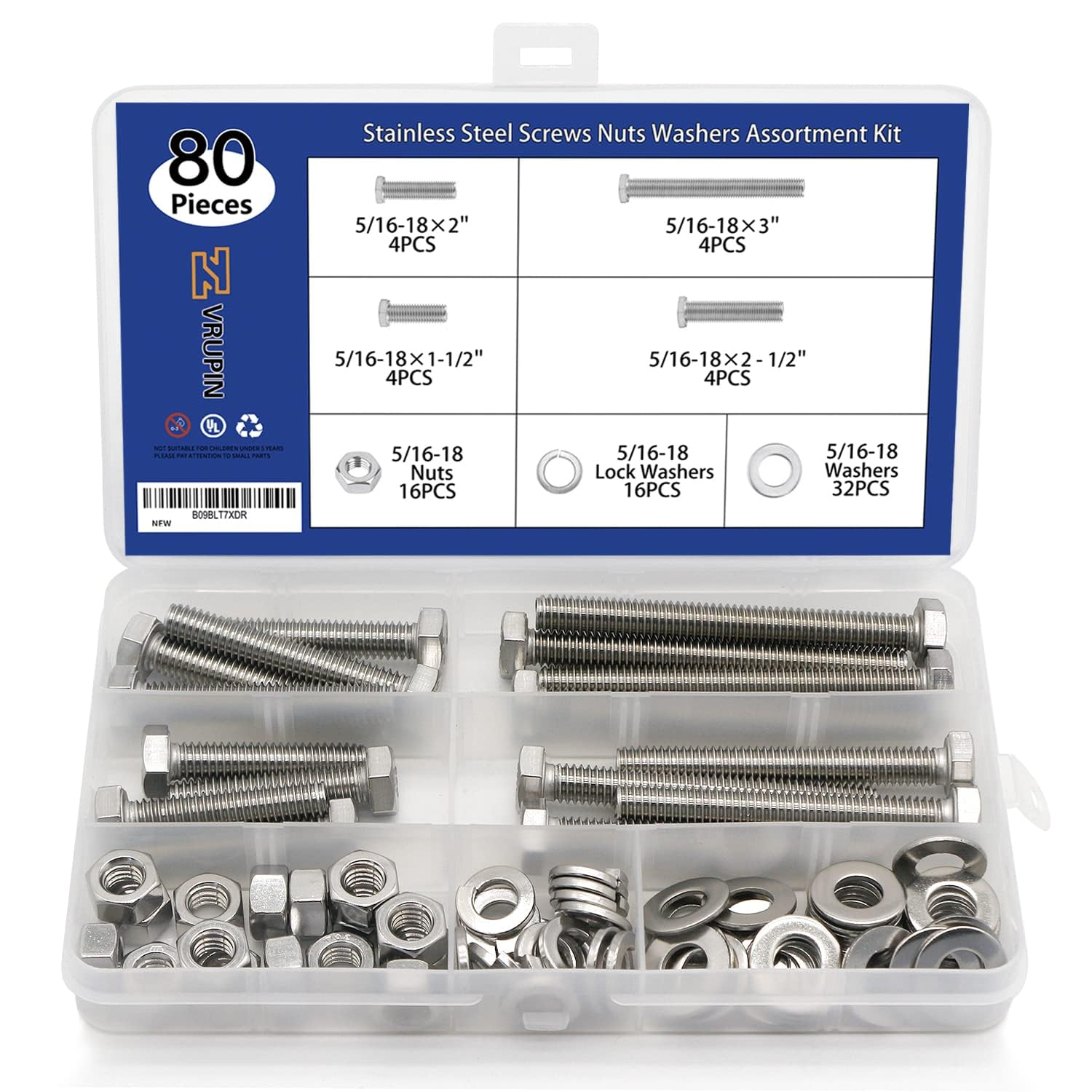 Generic 80PCS Carbon Steel Hex Bolts and Nuts Assortment Kit Hardware Screws Set (5/16""-18)