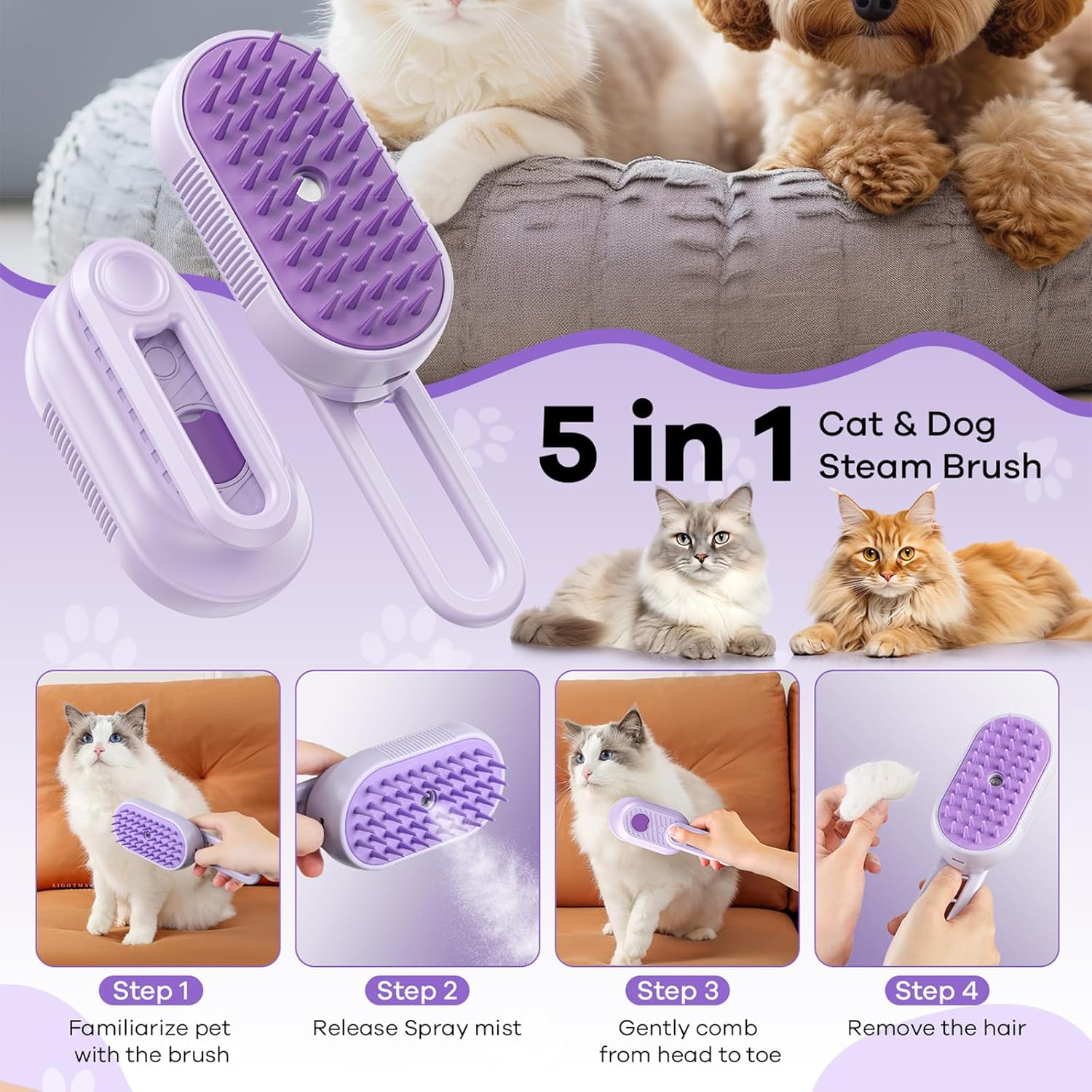 TONOS Cat Brush with Steam, 5-In-1 Steam Brush, Cat Brush, Dogs and Rabbits, Rechargeable Pet Steam Brush with Water Tank, Massage, Care and Hair Removal for Cat, Dog image number 6