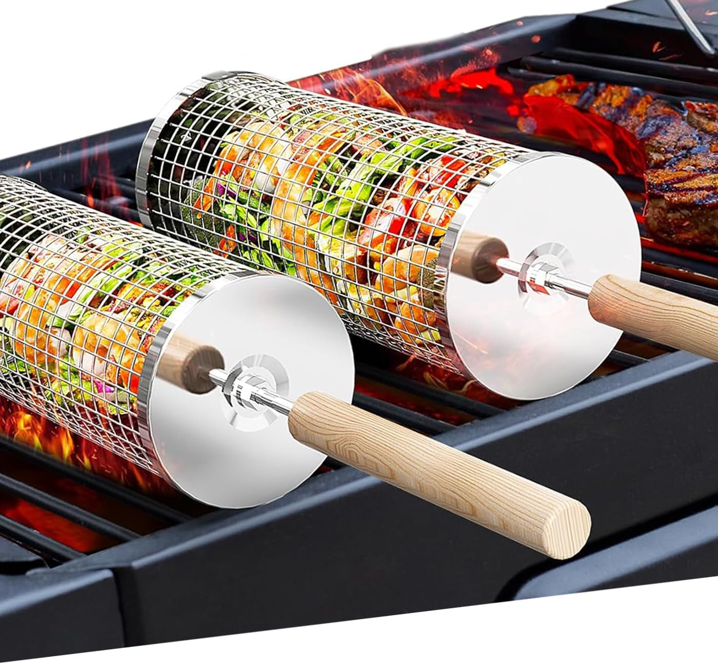 Rolling Grill Basket(2Pcs), Removable Wooden Handle, 304 Stainless Steel, Nesting Grilling Net, BBQ Accessories Tool for Vegetable Shrimp, Outdoor Cooking Camping, Birthday Gifts for Men Dad Husband image number 1