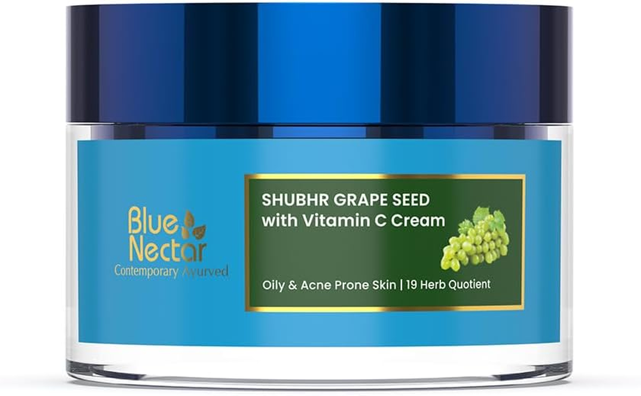 Blue Nectar Vitamin C Face Moisturizer for Oily & Acne Prone Skin with Grapeseed | Oil-Free | Lightweight Cream for Women (19 Herbs, 50G)