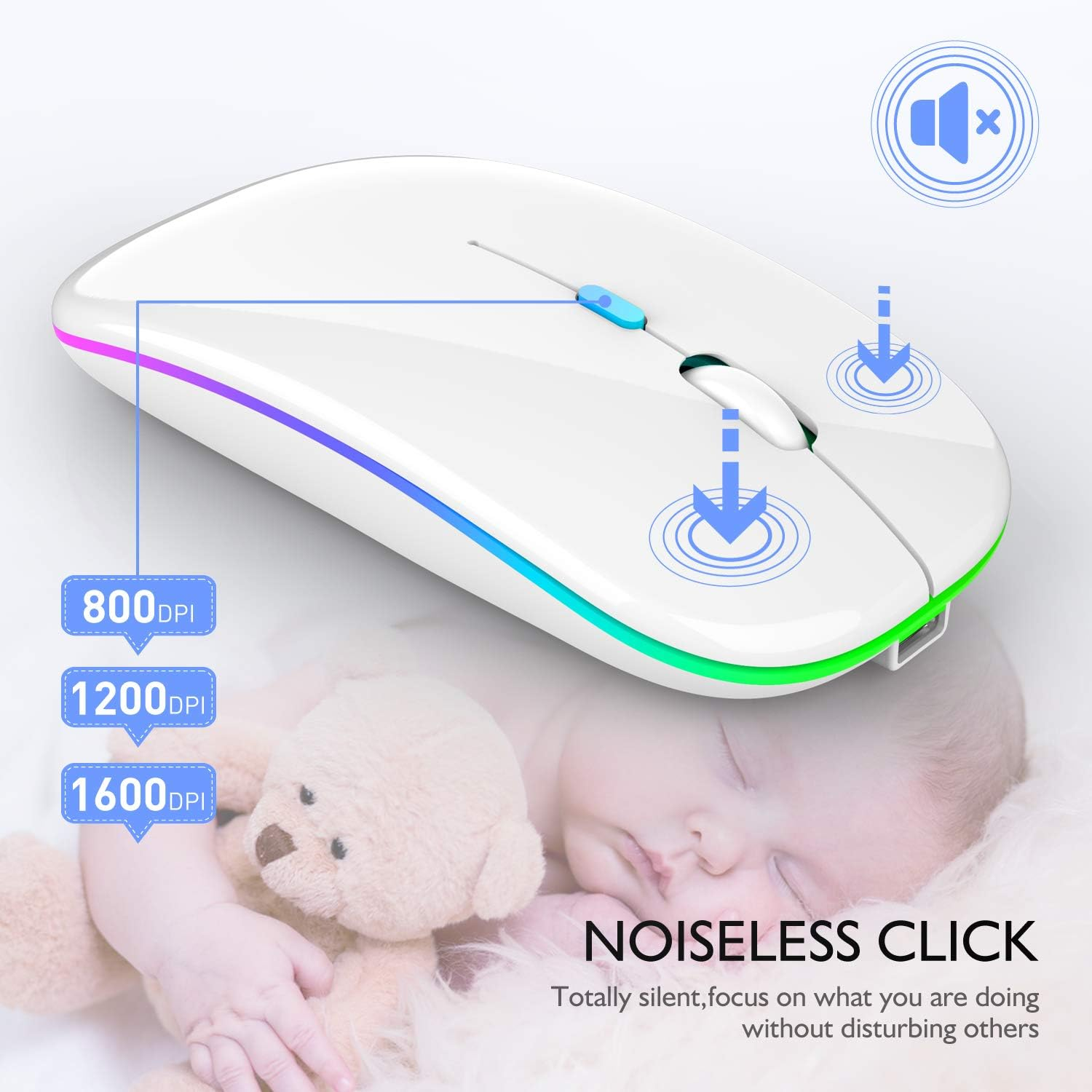 Bluetooth Mouse for Ipad, Macbook Air/Mac/Macbook Pro/Mini/Ipad Pro/Imac/Laptop, Rechargeable Wireless Mouse for Macbook Air/Macbook Pro/Chromebook/Laptop/Pc (White) - Gray image number 2