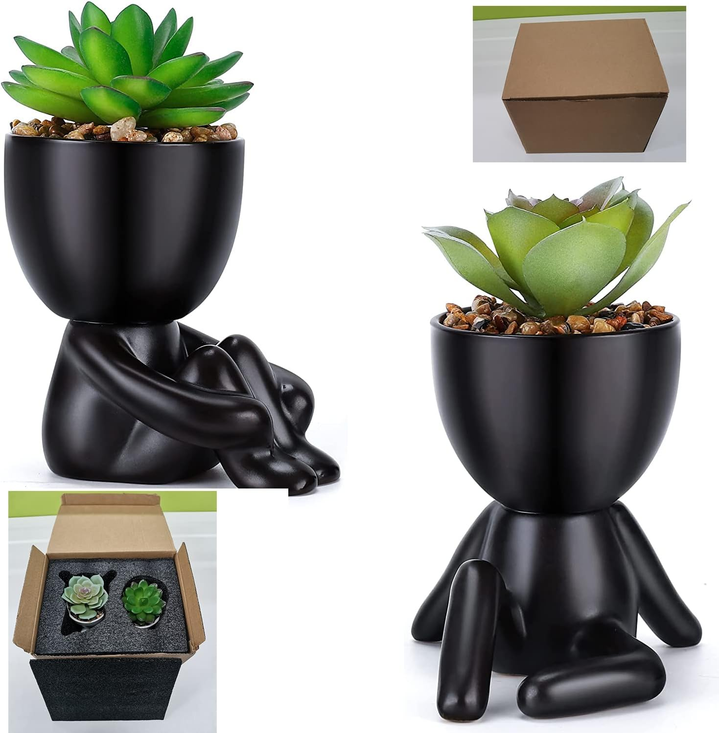 Paifeancodill Fake Plants Pot with Succulent Plants, 2 Pcs Fake Succulent with Black Human Shaped Ceramic Pots, Ceramic Flower Pot Planter (Black A)