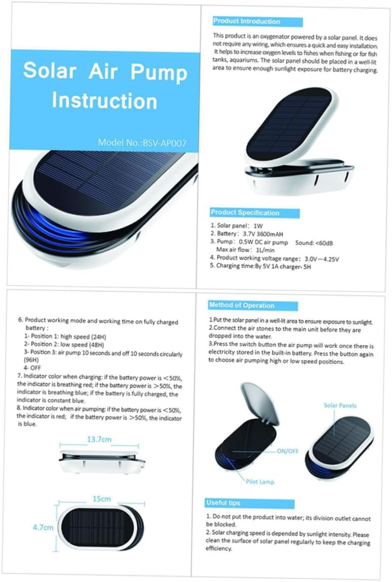 Alasum Solar Power Fish Tank Oxygen Pump Modes Portable Outdoor Aquarium Air Aerator Low Noise for Small Medium Tanks and Fishing image number 1