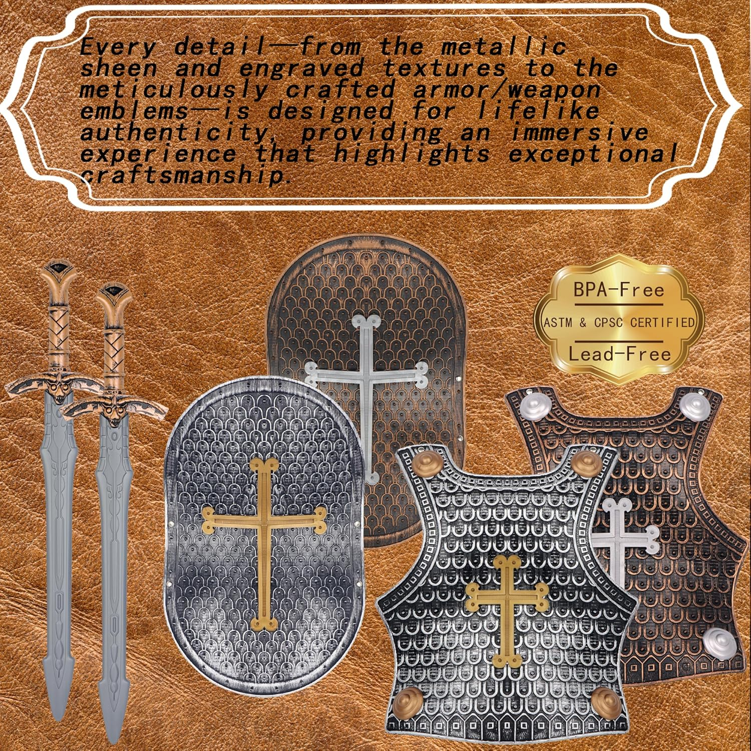 Crusaders Medieval Knight Armor Props Set Including Chest Plate Shield and Swords image number 4