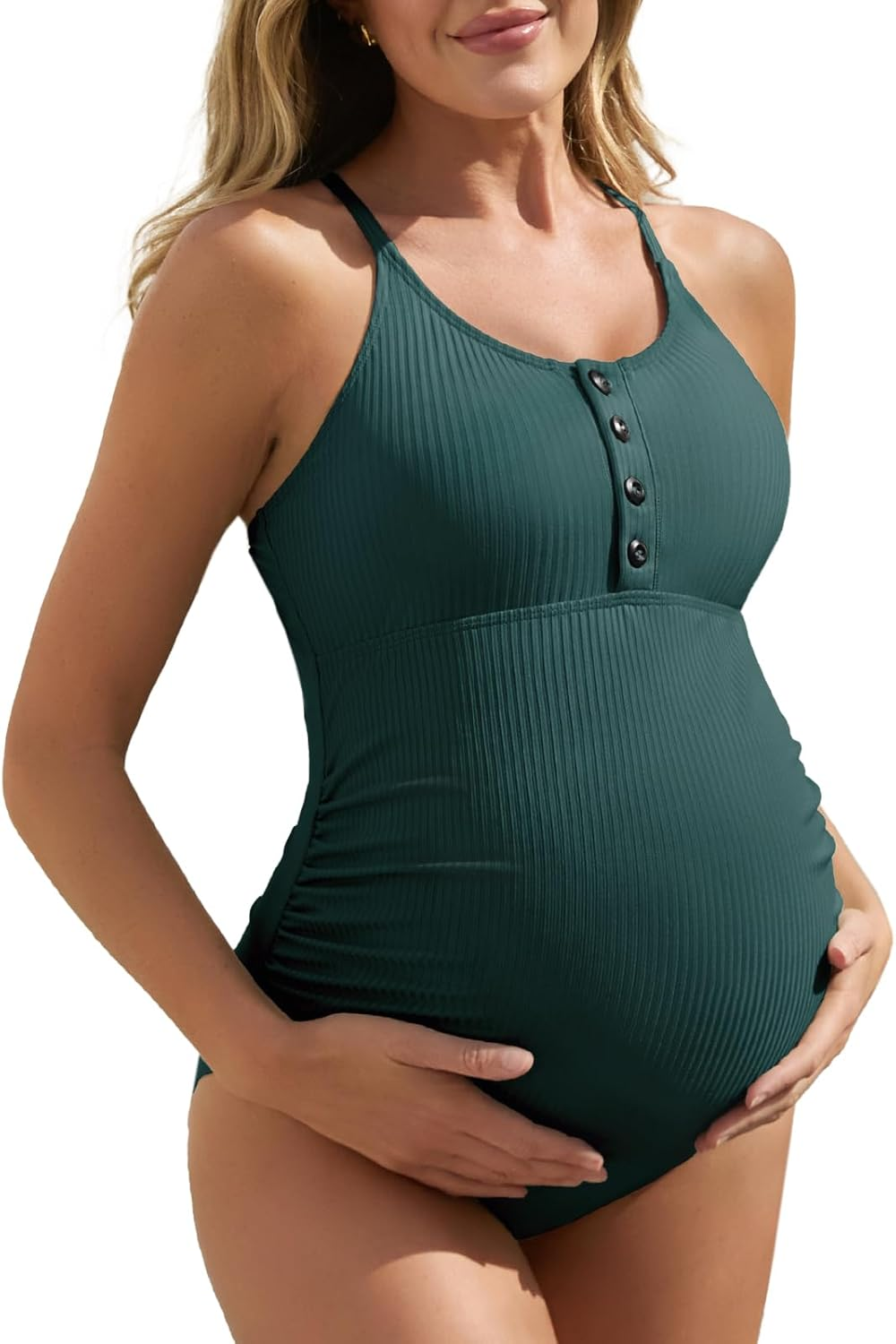 Summer Mae Maternity Swimsuit One Piece Bathing Suit Button Neck Cross Back