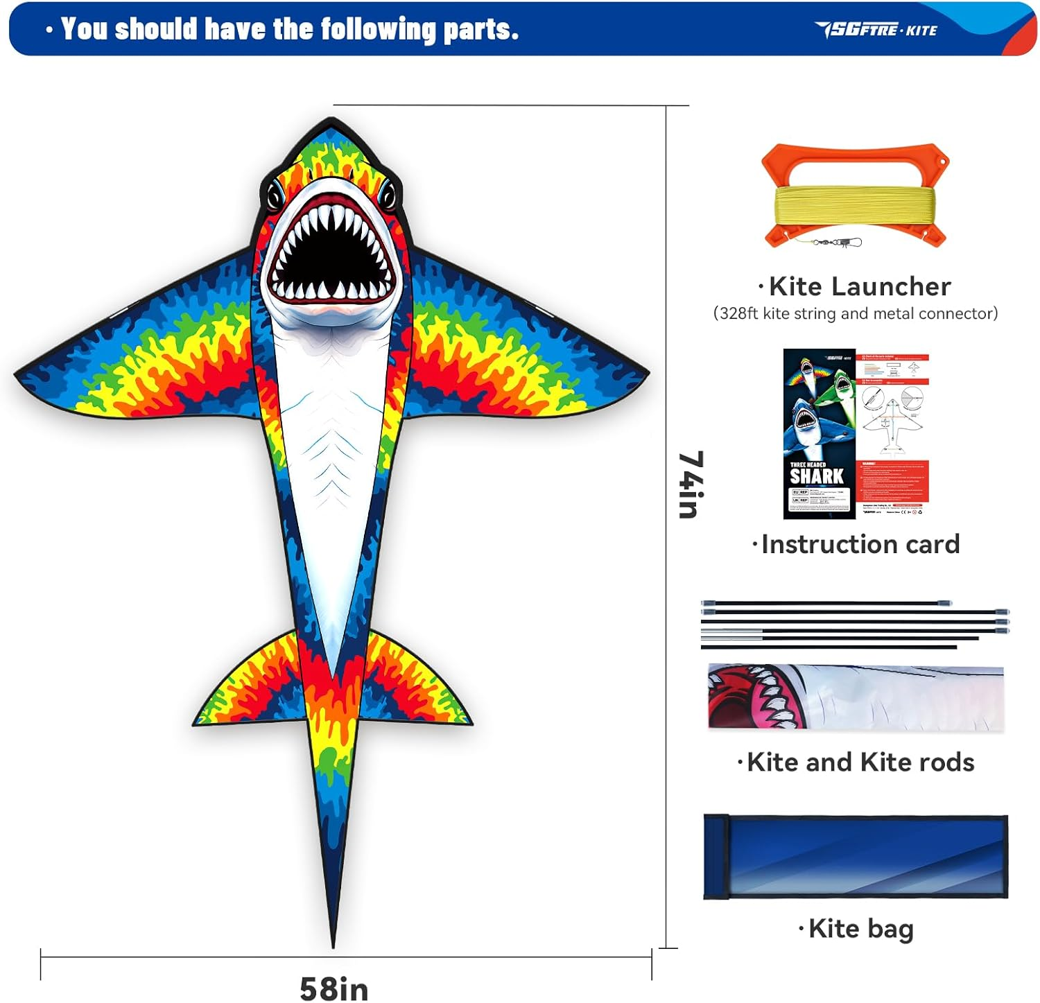 Sgftre Three Headed Shark Kite for Kids and Adults,Kites for Kids Ages 8-12 Easy to Fly,Single Line Beach and Park Kite for Family Outdoor Games image number 2