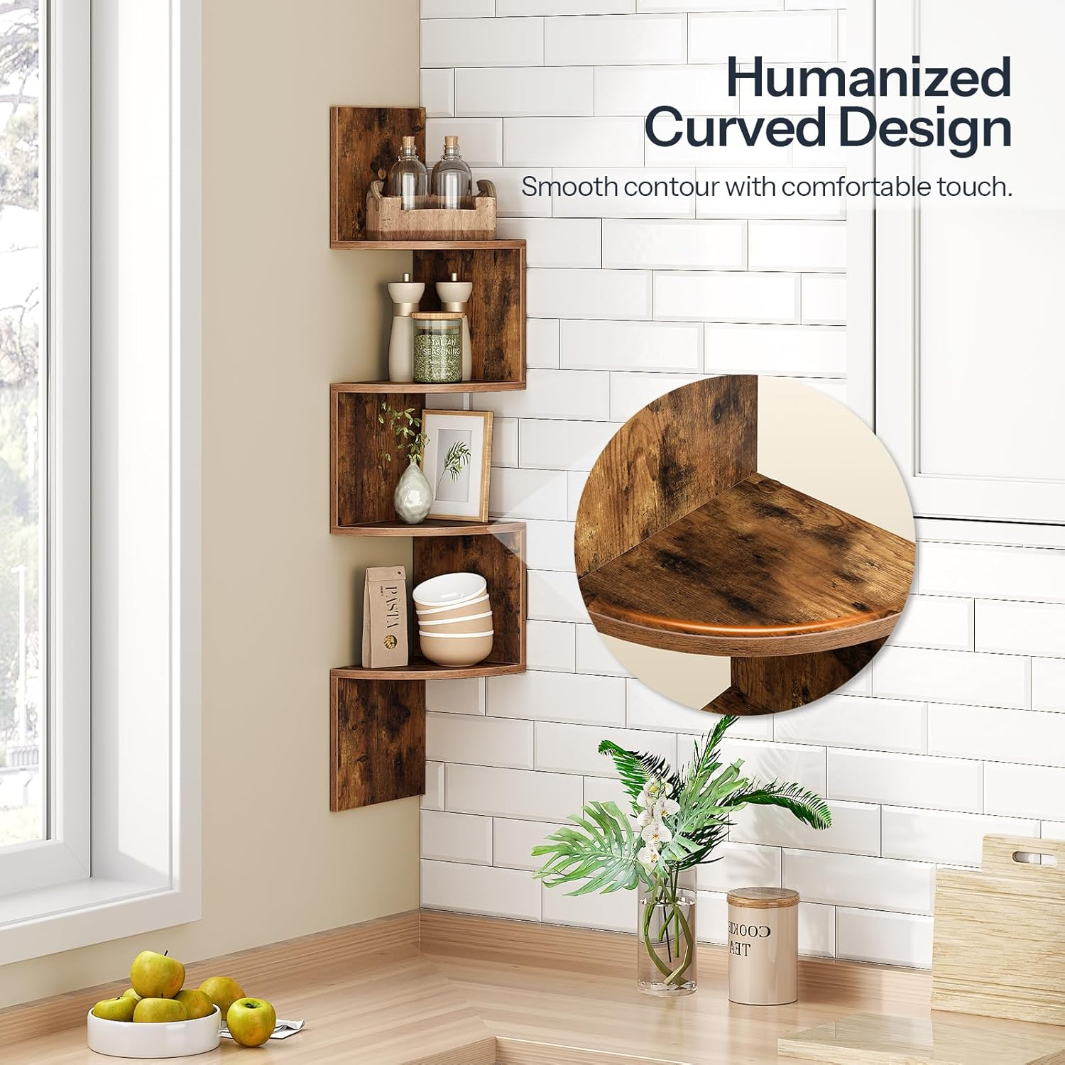 HOOBRO Corner Shelf Wall-Mounted, Set of 2 Floating Corner Shelves for Wall, 4-Tier Corner Bookshelves for Living Room, Bedroom, Bathroom, Home Office, Rustic Brown BF25BJP201 image number 3