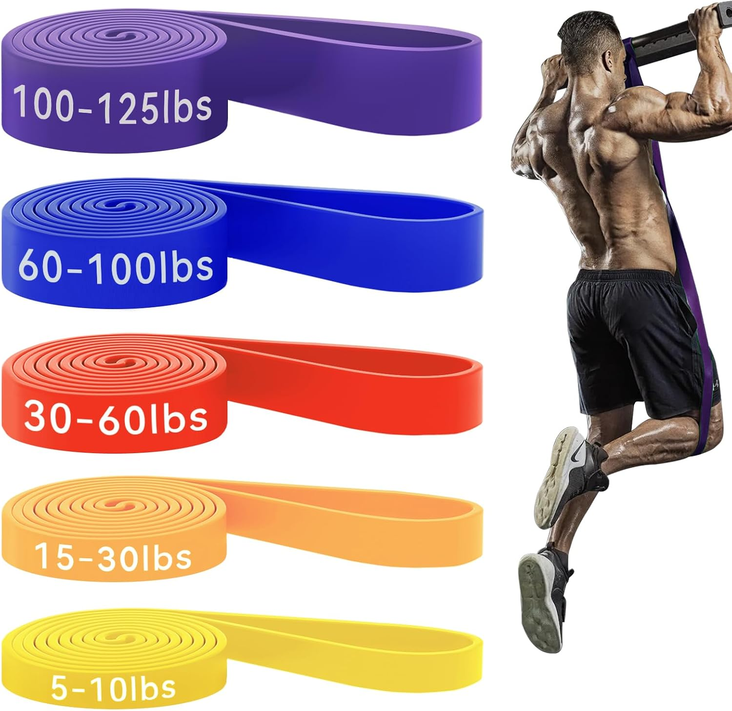 HAPBEAR Pull up Resistance Bands for Men and Women - 5 Different Levels, Heavy Duty, Long, Pull up Assist Bands Set for Build Fit Power & Muscle (5-250LBS)