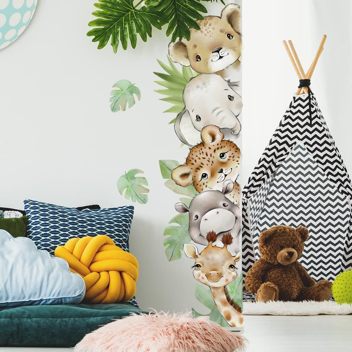 Clothmile 55.1 X 15.7 Inch Watercolor Jungle Animal Wall Decals Forest Animal Wall Sticker Elephant Tiger Giraffe Wall Decals for Kids Baby Nursery Playroom Bedroom Classroom Kindergarten Wall Decor image number 1