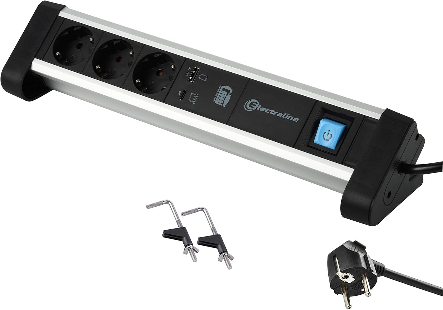 Electraline 62556 3-Way Aluminium Power Strip for Desk with 2 USB 65 W (1 Type C PD for Charging Computers + 1 USB 3A) Cable 2 M/Table Socket Power Strip/Multi-Purpose Desk image number 5