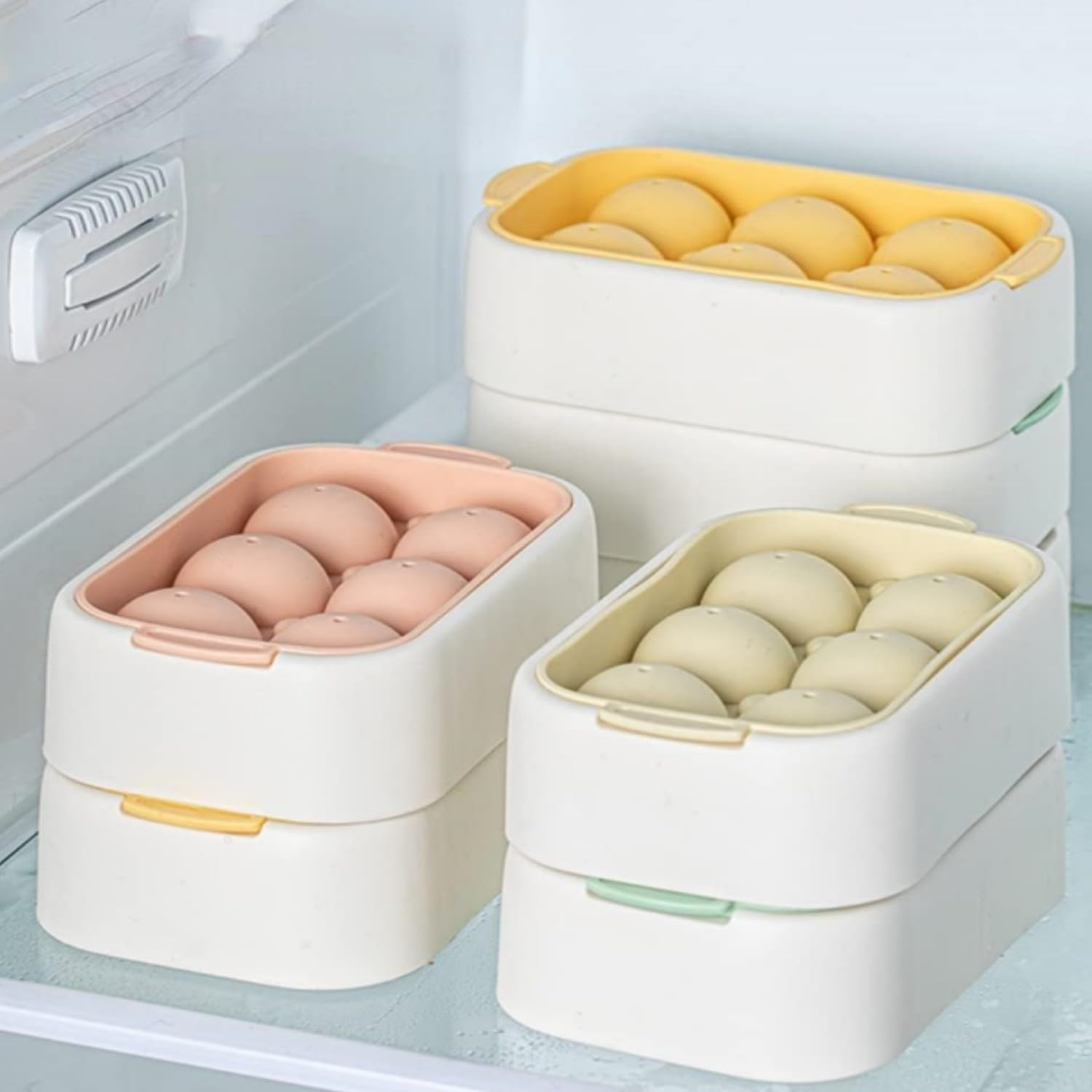 WADY 4Pcs Ice Cube Trays, Ice Ball Maker,Ice Cube Tray with Lid,Silicone Ice Cubes Tray, Suitable for a Variety of Summer Drinks, Stackable Silicone Spherical Ice Cube Moulds DIY Molds (Four Colors) image number 5