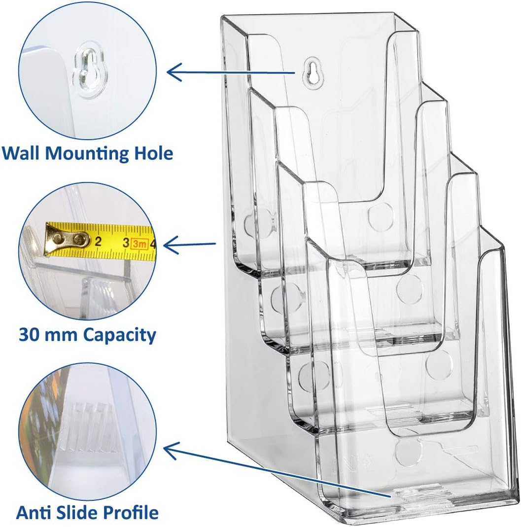 Opus 2 4-Tier Leaflet & Brochure Holder | for 1/3 A4 Size Literature | Clear Acrylic Construction | Booklet, Flyer & Menu Display & Dispenser for Office, Restaurants & Reception | Portrait | Clear