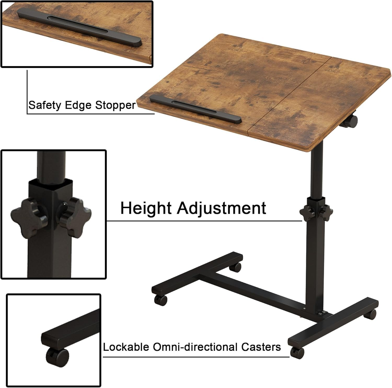 Kapeicamper Brown T-Shape Overbed Table with Wheels, Adjustable Tiltable Laptop Stand Desk, 15.7X13.7X23.6 Inches, 22 Lbs Load Capacity image number 1