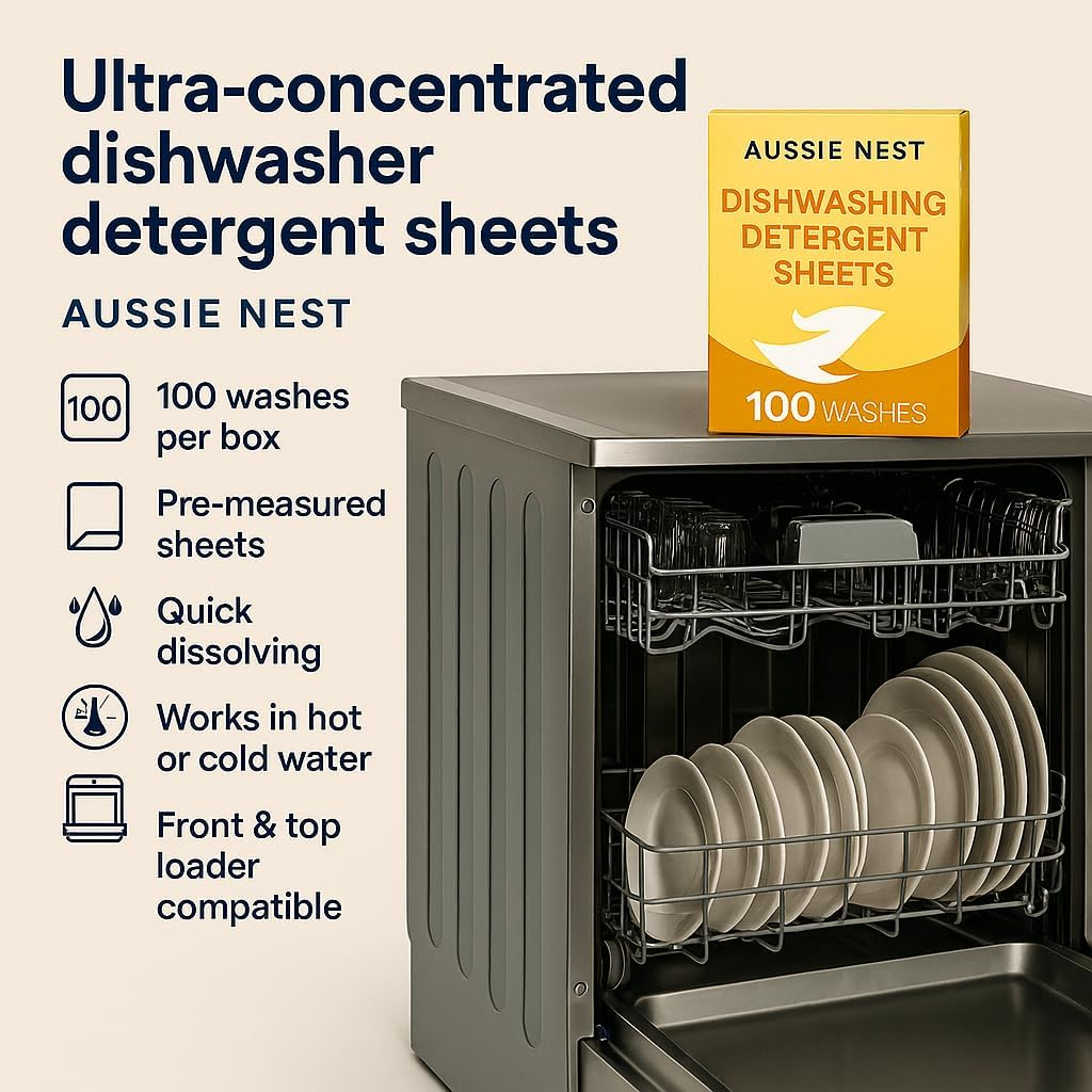 Dishwasher Detergent Sheets Unscented, 100 Sheets, Concentrated Biodegradable Non‑Woven, Plastic‑Free Recyclable Pack, Mess‑Free Dishwashing image number 6