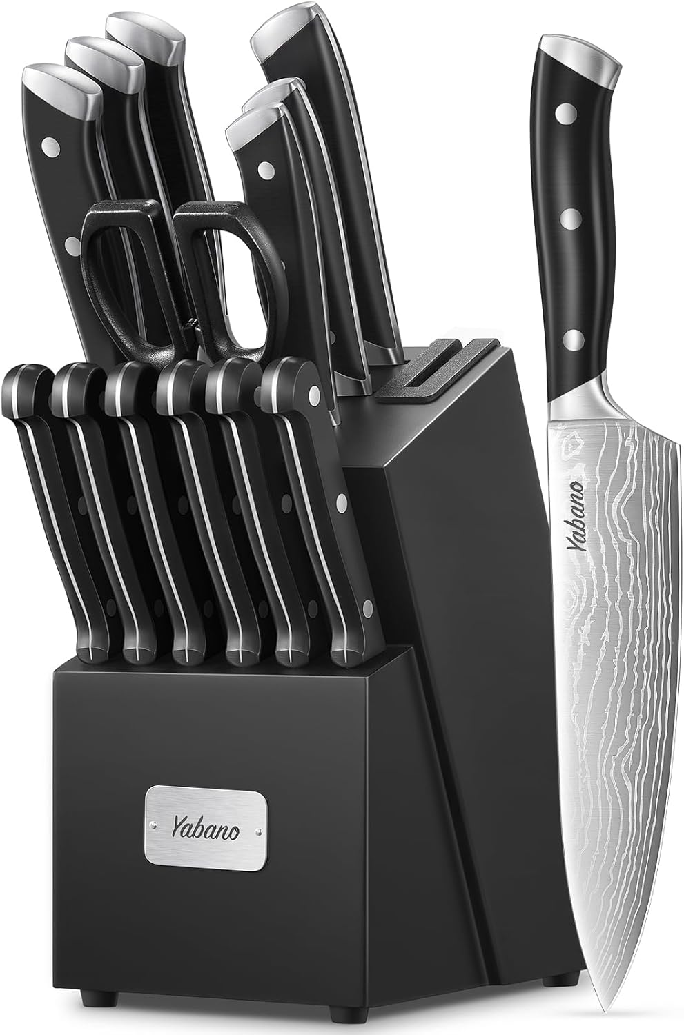 Yabano Knife Set, 14 Pieces German Stainless Steel Kitchen Knife Block Set, Kitchen Knife Block Set with Built-In Sharpener image number 2