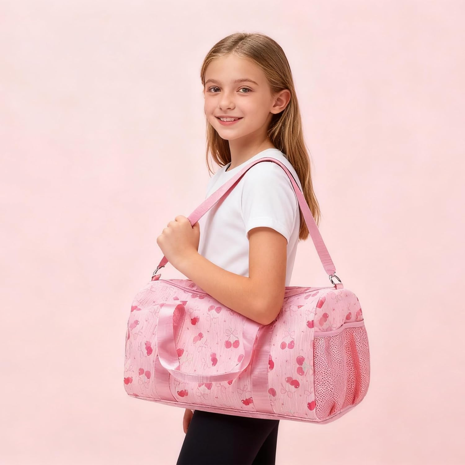 Kids Dance Bag Gymnastics Bag Girls Boys Duffle Bag Gym Sports Ballet Bag with Shoe Compartments, Girls Overnight Weekender Carry on Travel Bag, Cherry Pink - Bow Pink image number 3