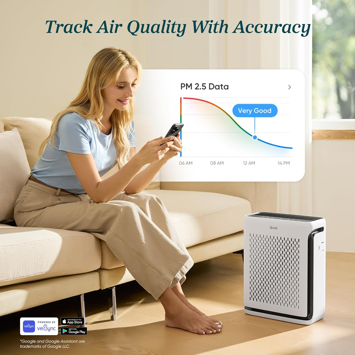 LEVOIT Smart HEPA Air Purifier for Bedroom Home 104M&sup2;, Washable Filter, Pet Mode, Air Quality & Light Sensor, 23Db, Remove 99.97% of Allergens for Pet, Dust, Pollen, Smoke, Vital 100S image number 6