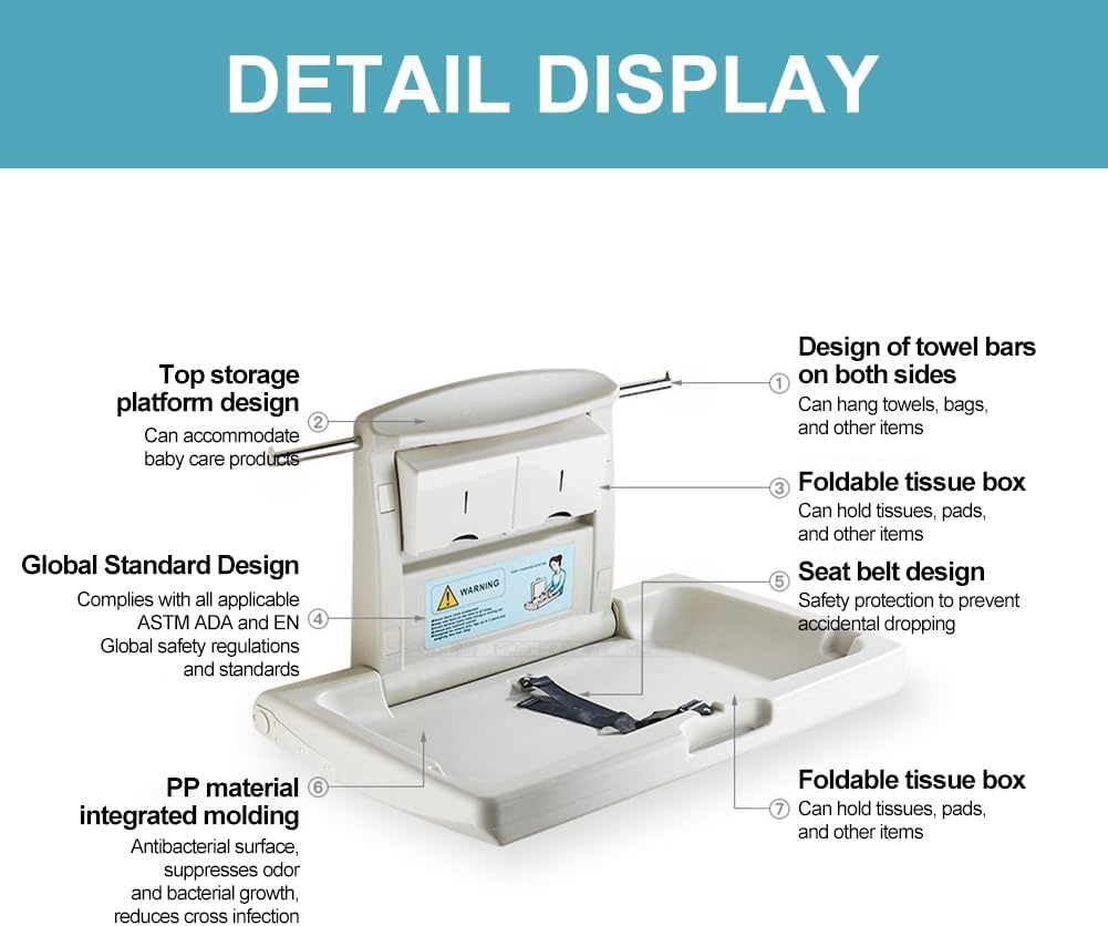 Baby Changing Station Wall Mounted Fold down Commercial Baby Care Table with Adjustable Safety Strap and Storage Box HDPE Meterial Bathroom Public Places