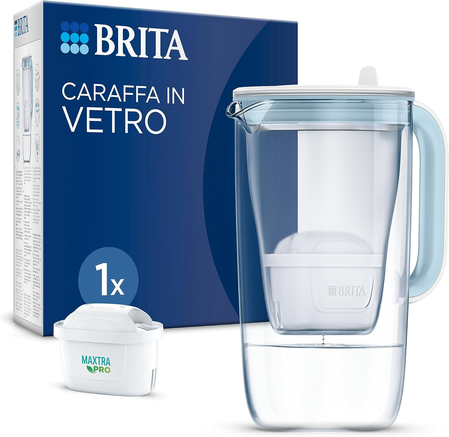 BRITA Glass Water Filter Jug Light Blue (2.5 L) Including 1 X Maxtra Pro All-In-1 Cartridge - Premium Design Glass Jug, Robust & Light/Reduces Limescale, Chlorine, Metals Such as Lead & Copper