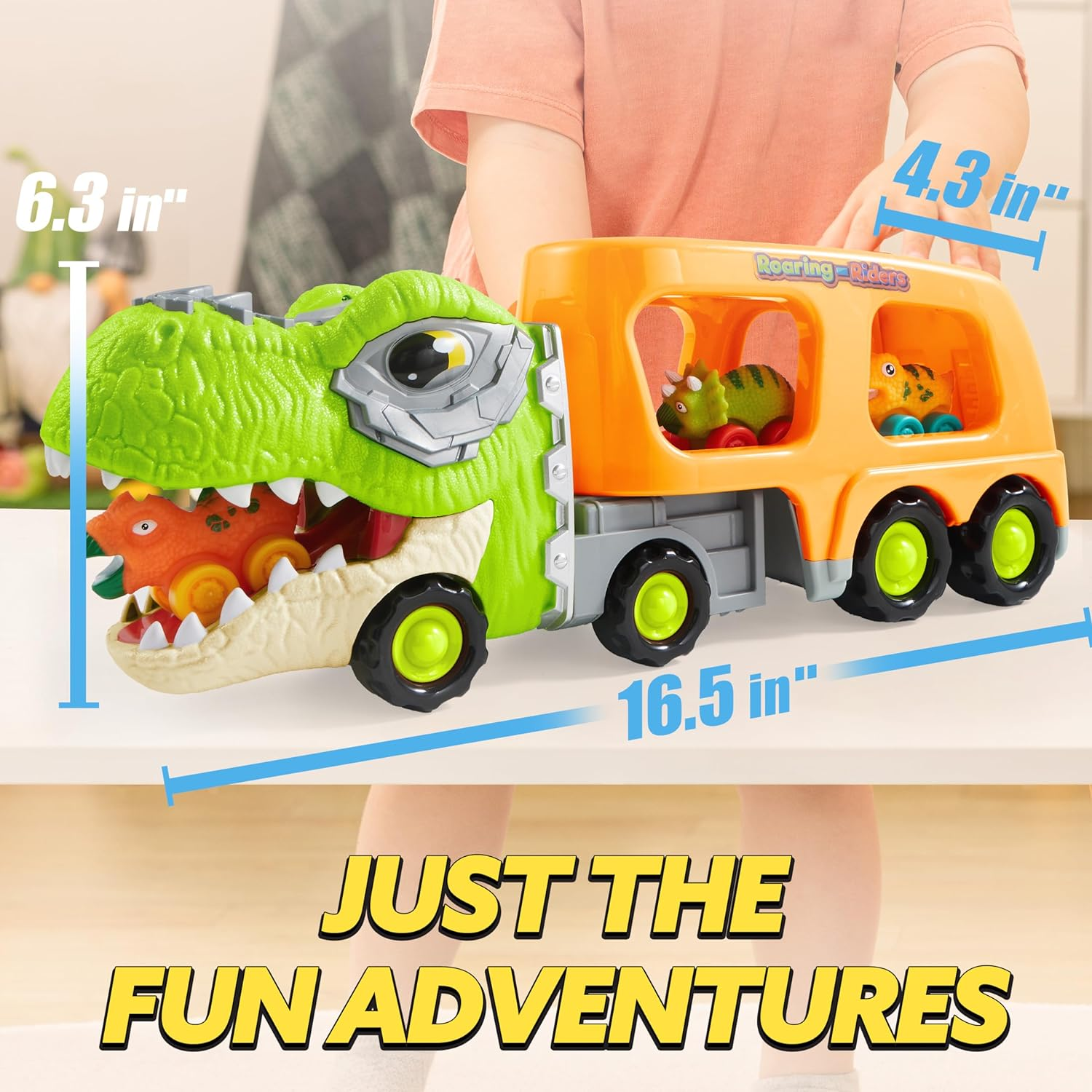 JOYIN Dinosaur Truck Toys for Kids, Kids Toys Boys Age 3 4 5, Dinosaur Car Carrier Truck Toy with 6 Rubber Car Vehicles, Toddler Birthday Gifts with Music & Lights for 3 4 5 Year Old Boys image number 6