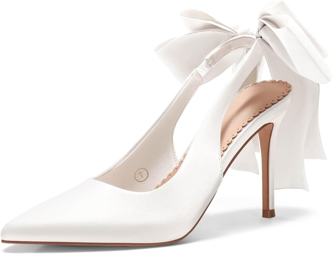 Coutgo Womens Slingback High Heels with Bow Closed Pointed Toe Wedding Bride Dress Shoes Satin Pumps image number 3