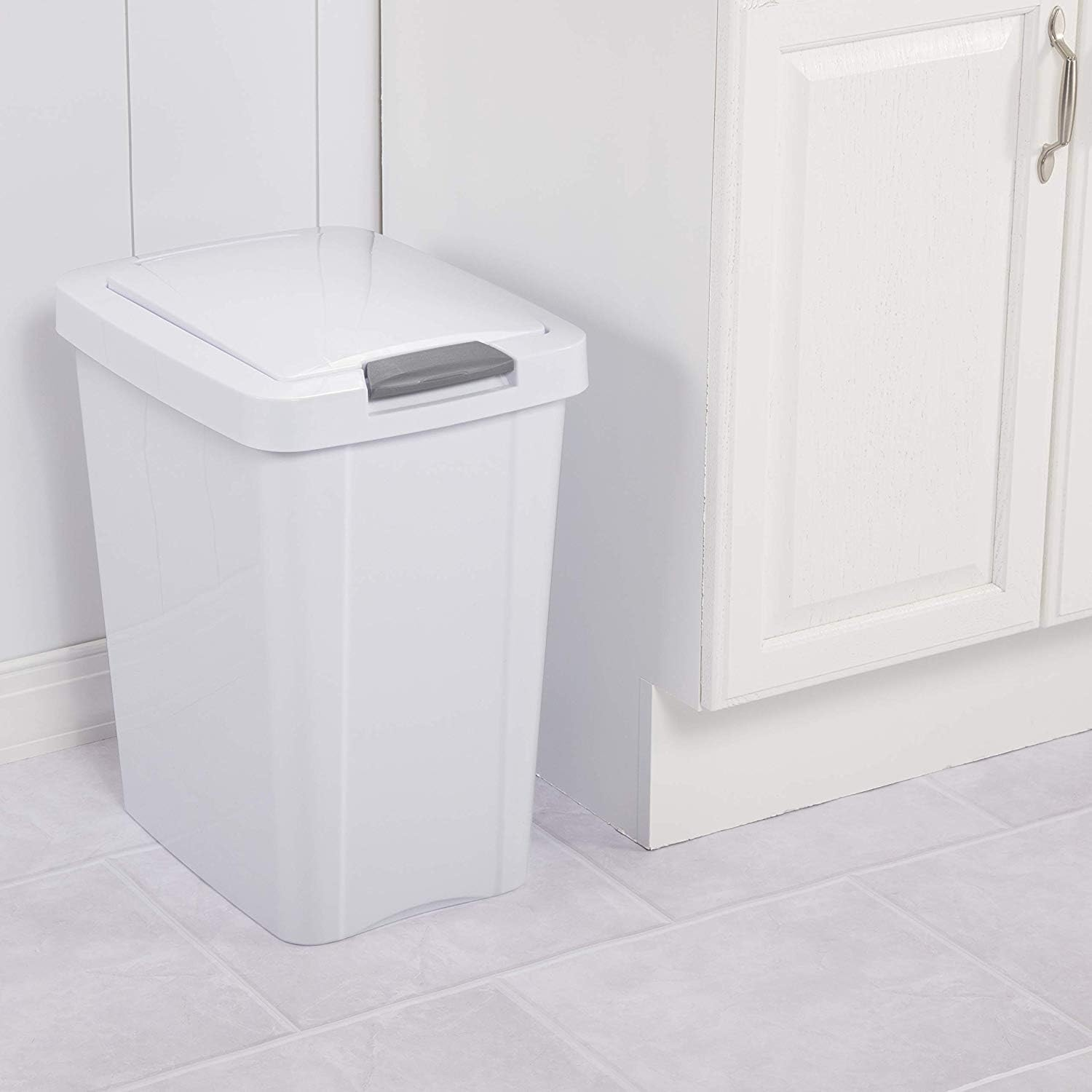 Sterilite 28L Touch-Lid Kitchen Bin | Slim, Space Saving Plastic Waste Basket with Touchtop Lid | Easy Clean Rubbish Bin for Kitchen, Bathroom, Office and Home Use | Polished Surface, White image number 3
