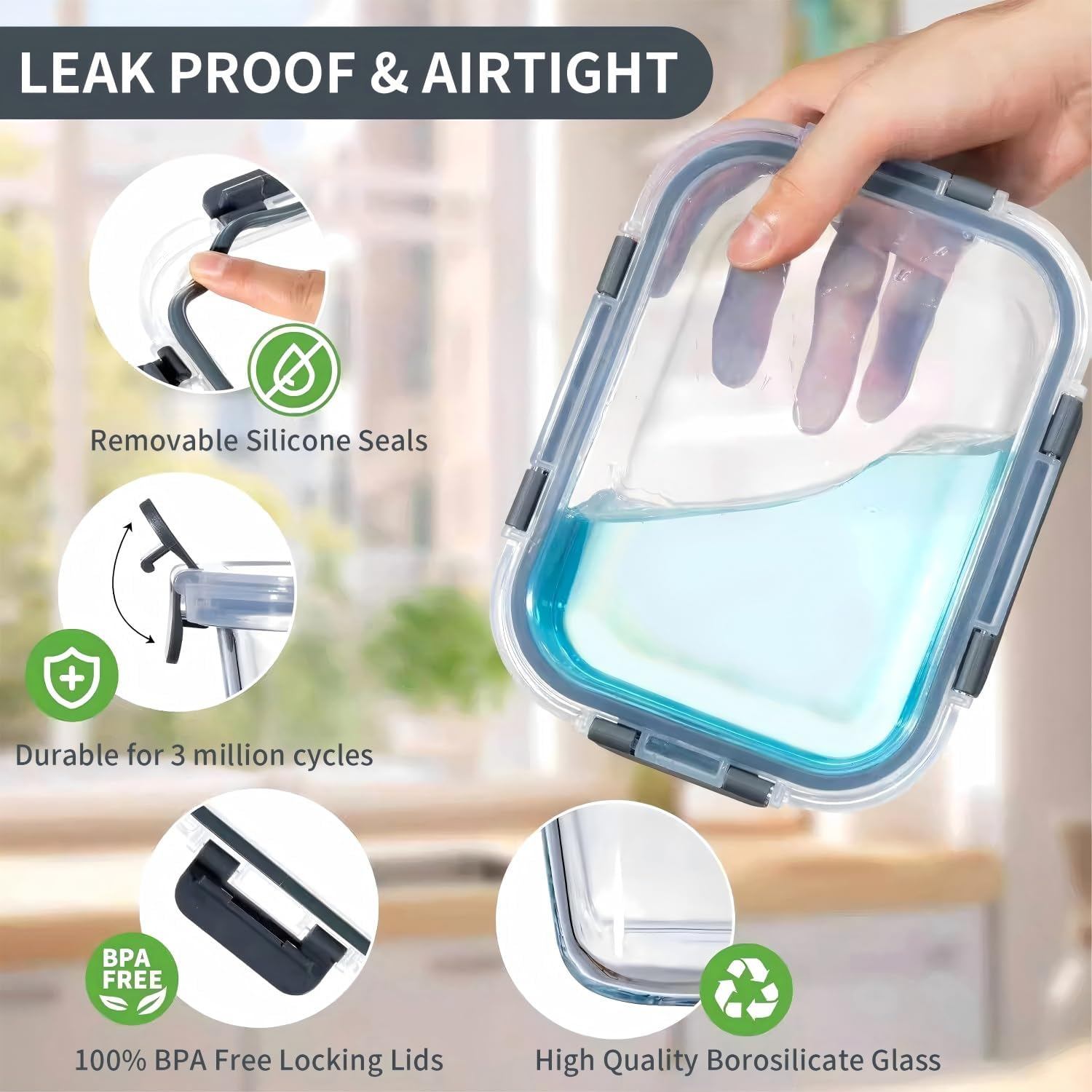 17 Pack Glass Food Storage Containers with Airtight Lids, Food Containers, Glass Lunch Containers, Kitchen Storage & Organisation for Oven, Microwave, Dishwasher and Freezer (Black)