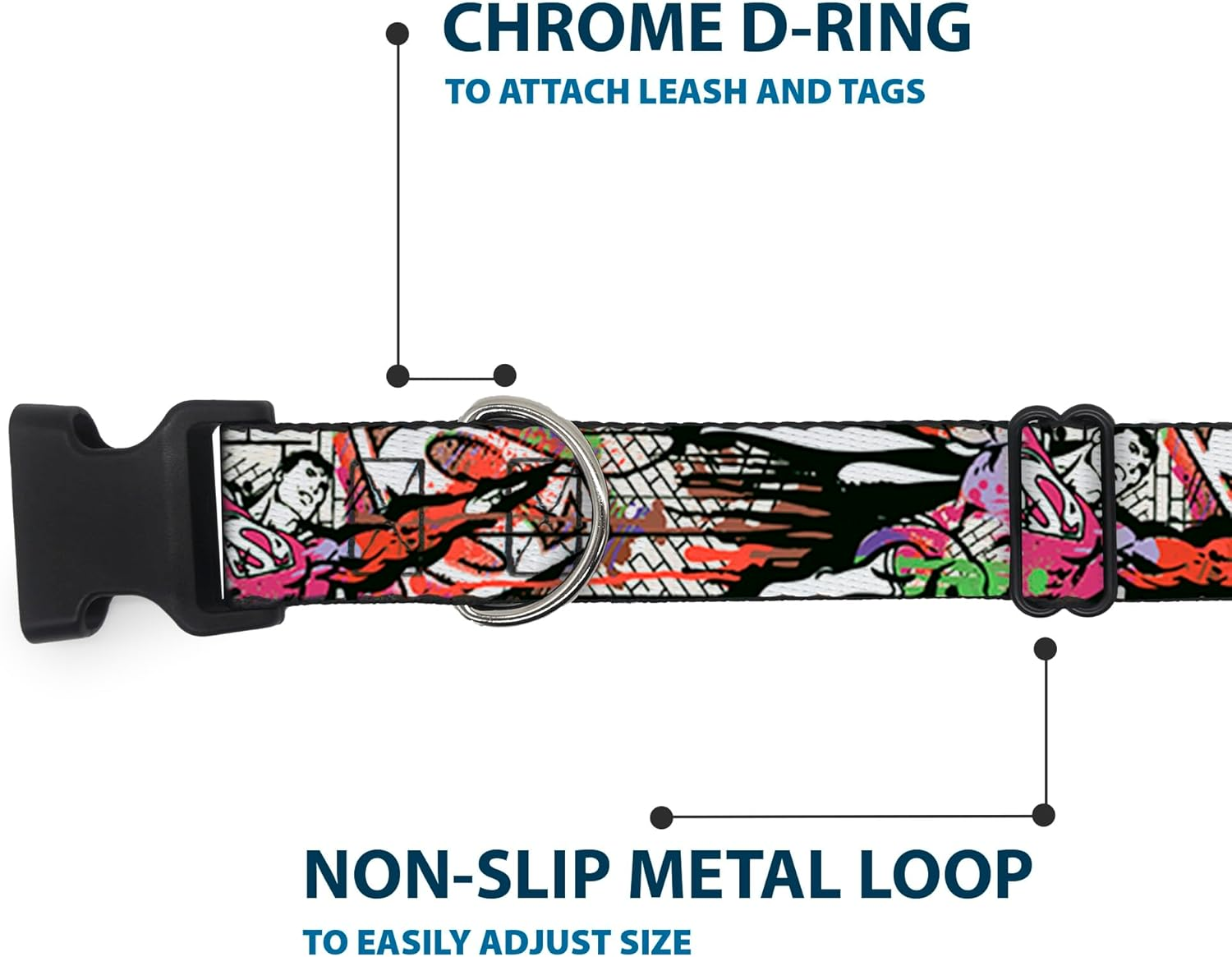 Buckle-Down Plastic Clip Dog Collar, Superman Colour Flying Bricks Scene, 15 to 26 Neck Size X 1.0 Inch Width image number 1