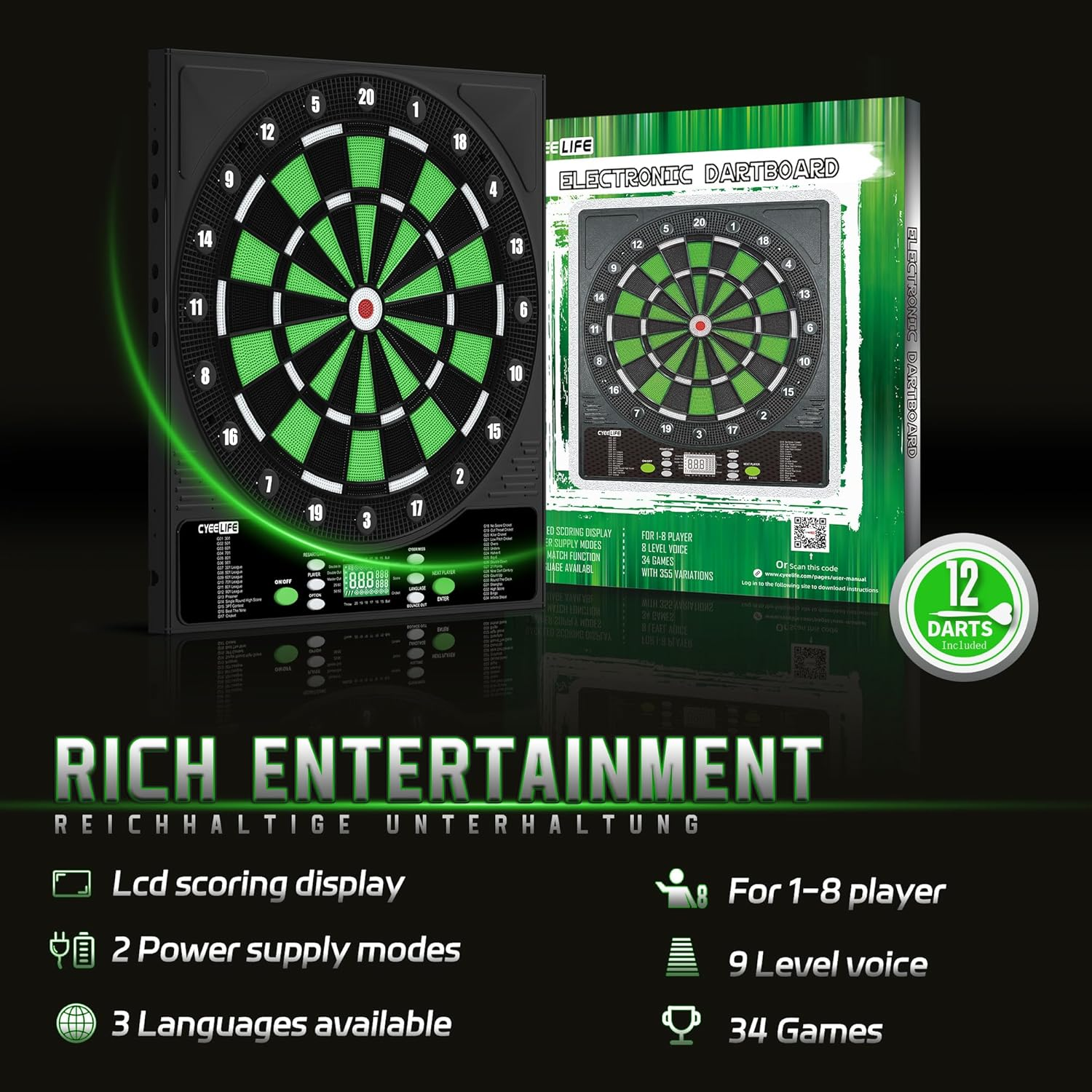 Cyeelife Electronic Dart Board,Soft Tip Dartboard Set,Digital Electric Dart Boards with LED,12 Darts 24 Flights 50 Tips 2 Flight Protectors Power Adapter,3 Language Changes,Up to 8 Players