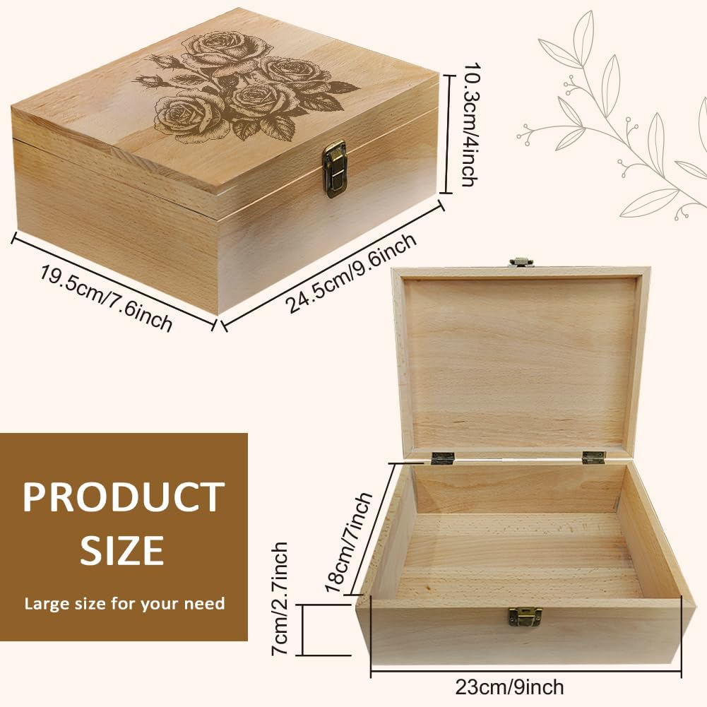 Arricraft 1 Pc Wooden Memory Keepsake Box, Sketch of a Rose Bush Pattern Storage Decorative Memory Wooden Box with Hinge Lids for Photos Dvds Letters Holding 24.5X19.5X10.3Cm image number 3