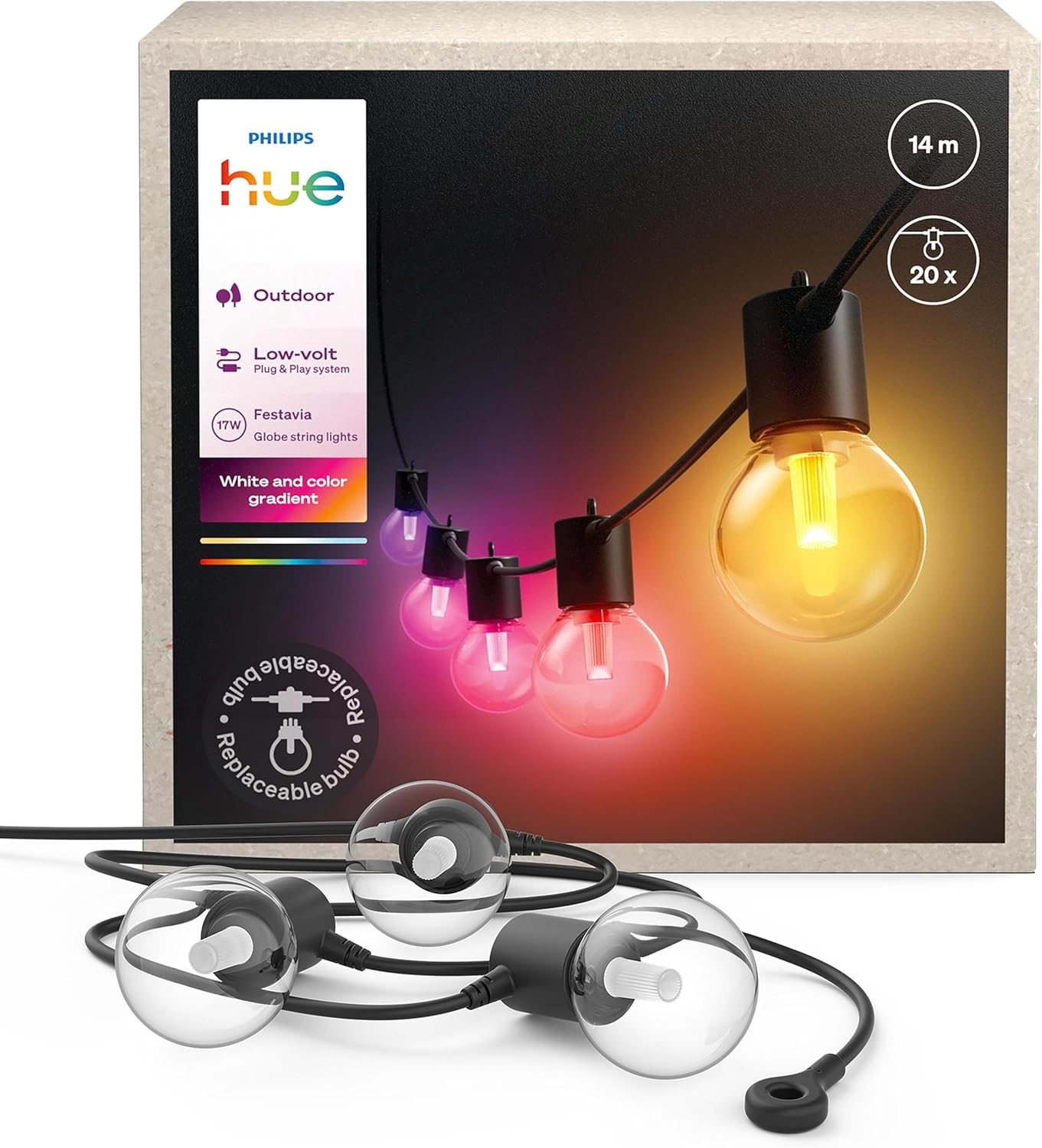 Philips Hue Festavia Globe Outdoor Fairy Lights, White and Colourful Ambience, 7 M, 10 Bulbs, Dimmable, Controllable via Hue App, Compatible with Alexa, Google Assistant and Apple Home image number 1