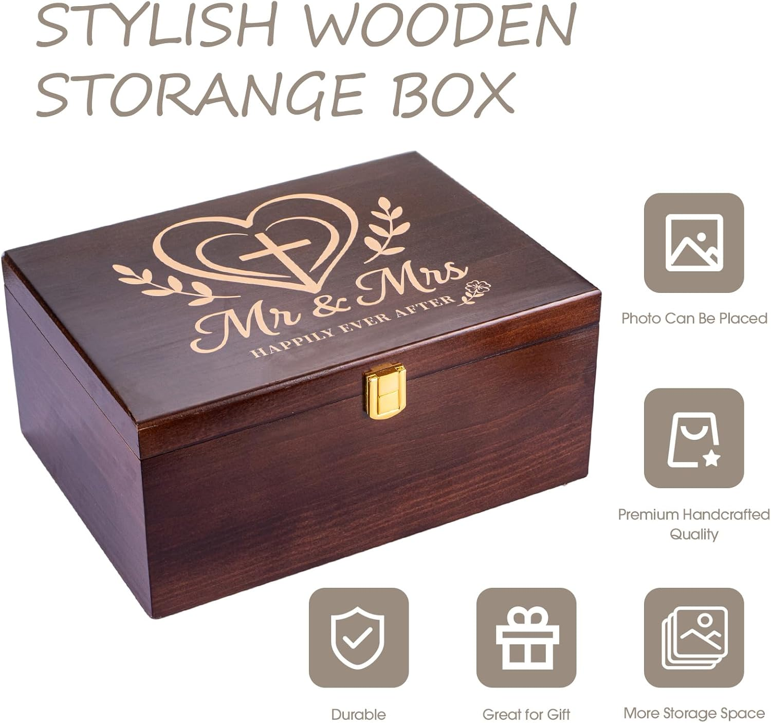 Larger Wooden Wedding Memory Keepsake Boxes with Hinged Lids and a Photo Frame inside the Lid Bridal Shower Gifts - Engagement Gifts for Couples Newlyweds Mr Mrs Couple Bride Gift - 5.3&ldquo;*8.6&rdquo;*11.7&ldquo; image number 4
