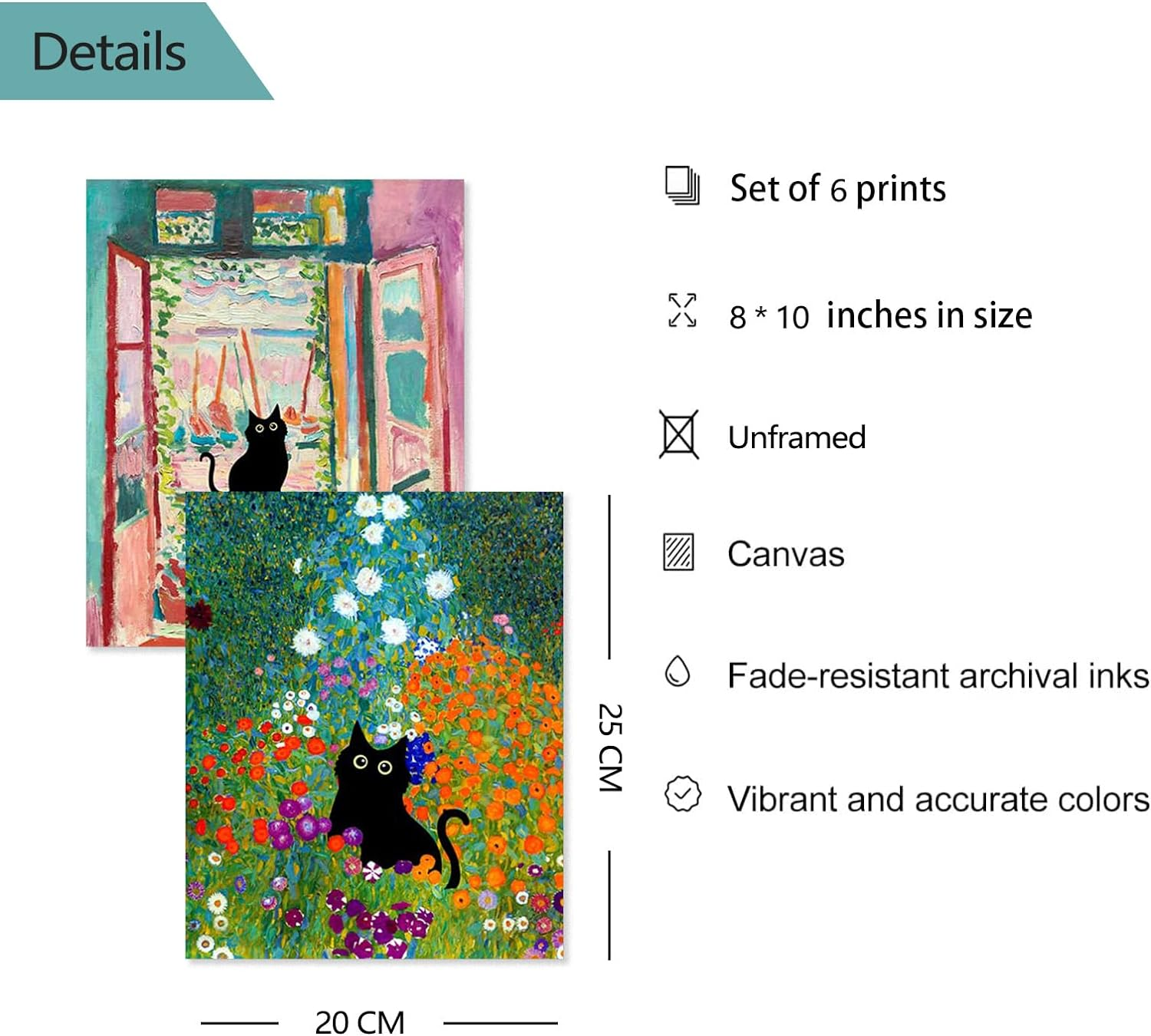 ZIENVE Funny Black Cat Wall Art Prints, Set of 6 Canvas Artwork Posters Cute Aesthetic Vintage Floral Matisse Monet Van Gogh Poster for Living Room Bedroom Room Decor, 20 X 25Cm Unframed - Matisse image number 2