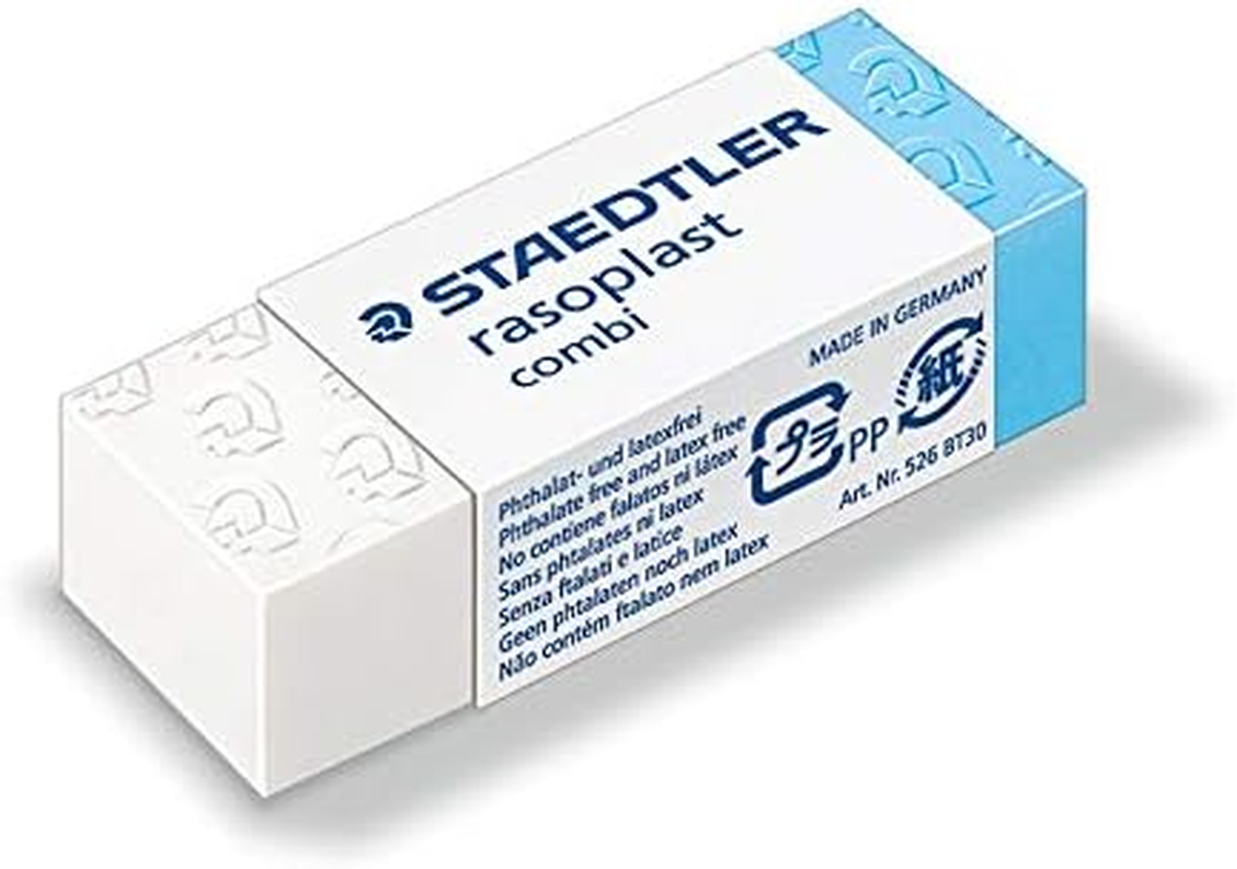 STAEDTLER Rasoplast Combi Erasers 3 Pack, 526BT3BK3D, Minimal Crumbling, Sliding Sleeve for Convenient Handling, Phthalate and Latex Free, Blue Part of Eraser for Writing Ink on Paper