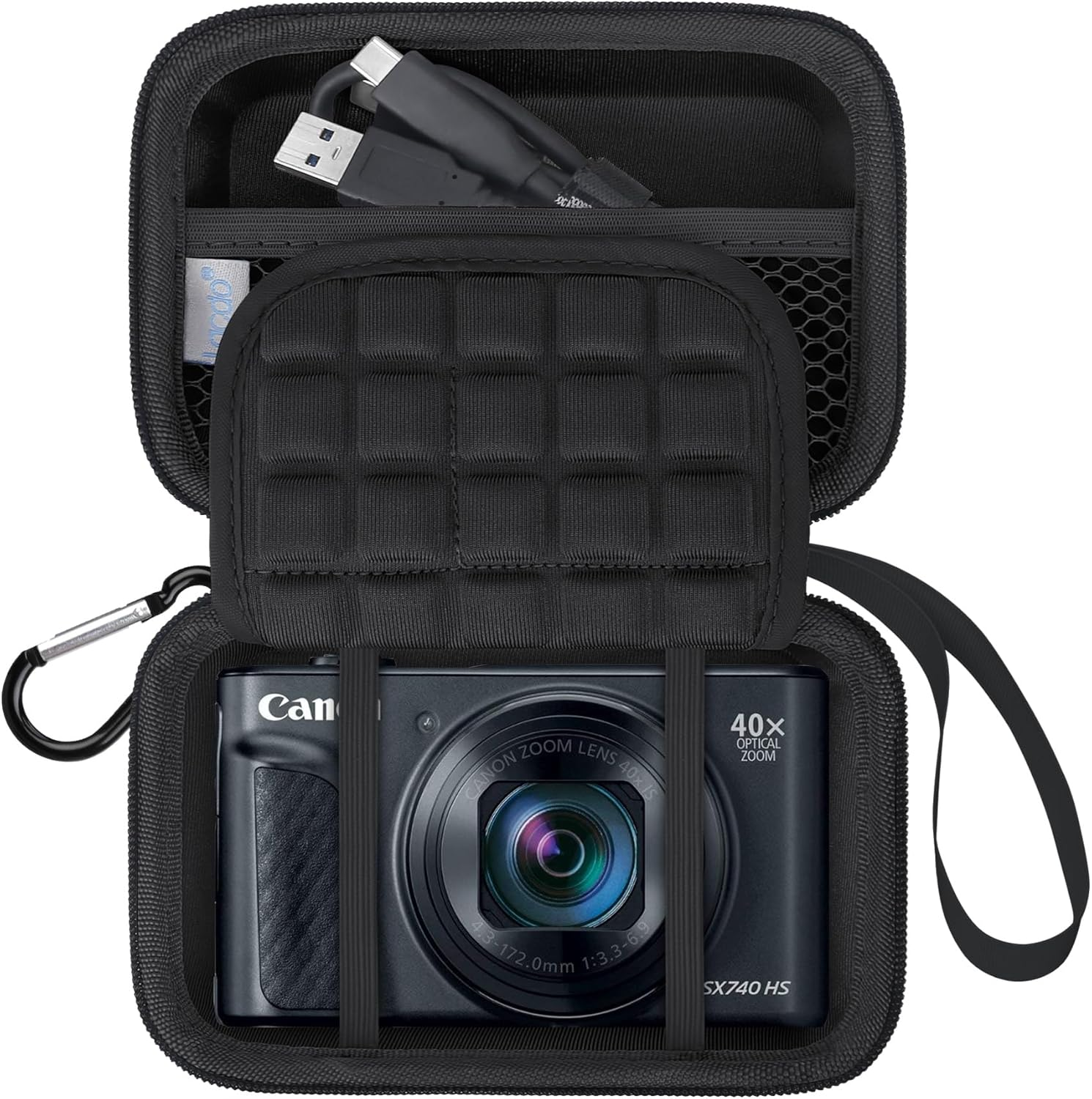 Lacdo Camera Carrying Case for Canon Powershot SX740 / SX730 / SX720 / SX620 Digital Camera, Protective Storage Trave Bag, Mesh Bag Fits Batteries, Cable, Memory Card, Card Reader, Black+Black