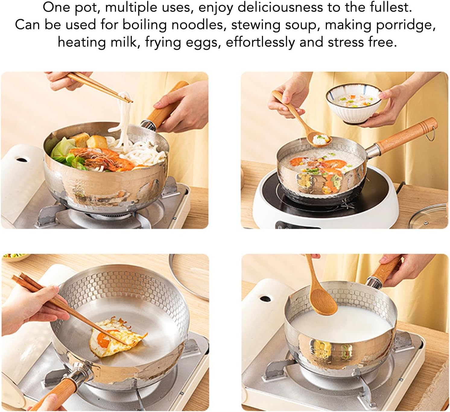 Sauce Pan, Non Stick Stainless Steel Saucepan with Wood Long Handle, Small Milk Pot Pan, Compatible for All Stove Top (18Cm) image number 4
