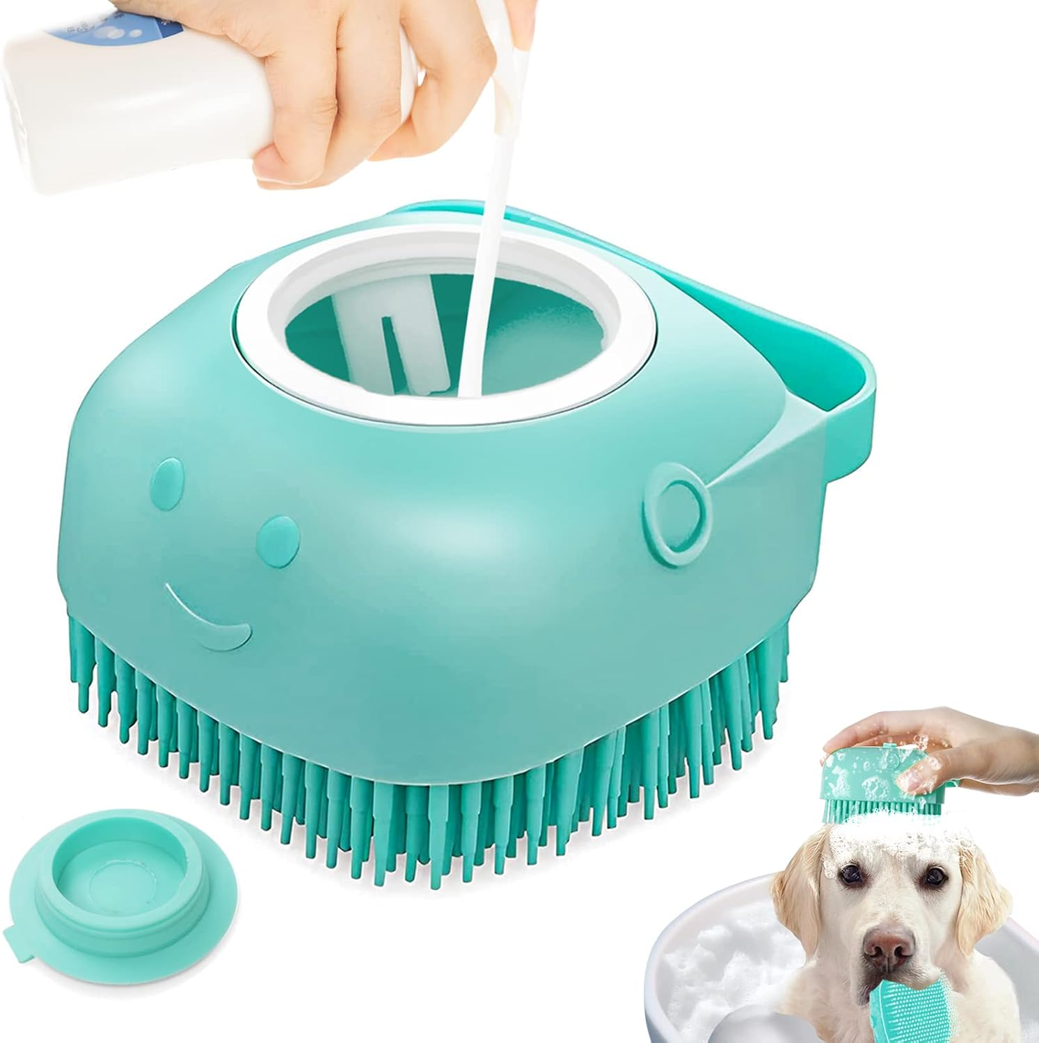 Dog Cat Bath Brush, with Soap and Shampoo Dispenser Dog Grooming Brush Massage Brush Soft Silicone Rubber Bristle for Short Haired Dogs Cats Shower(Blue) image number 1