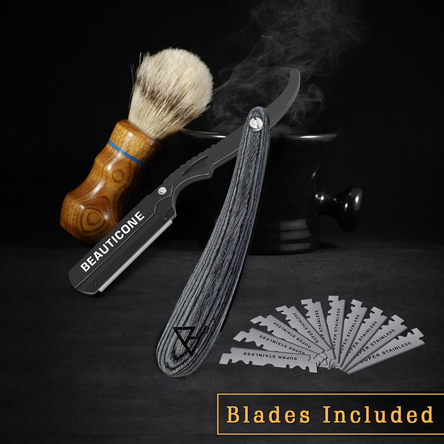 Straight Razors for Men, Straight Edge Razor, 100 Single Edge Blades, Stainless Steel, Barber Razor for Men'S Shaving, Barber Shaving Knife, Swinglock - Black  Gray With Leaf Handle image number 5