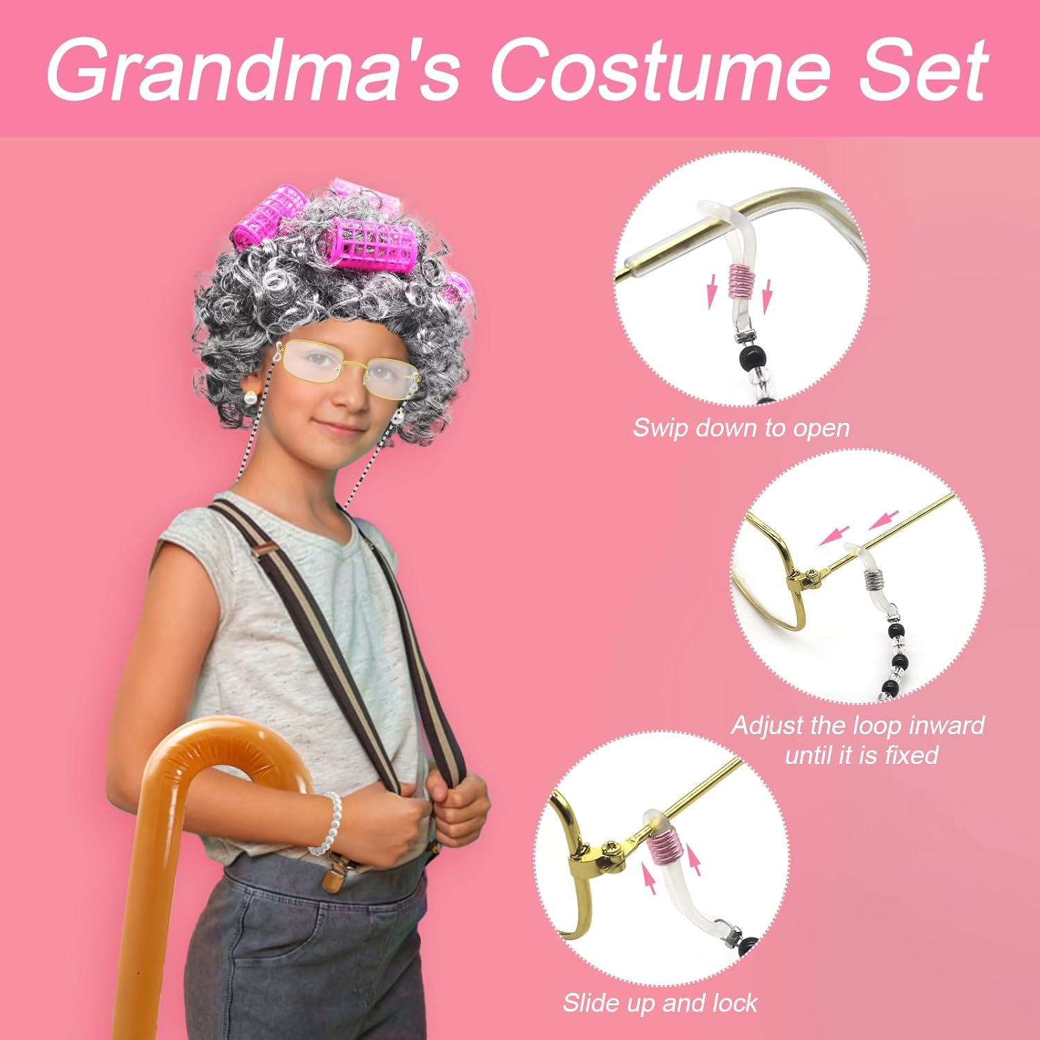 10Pcs Old Lady Costume Set, Grandma Wig Cap Including Glasses Pearl Earring Bracelet Necklace Inflatable Walking Stick, Grandmother Fancy Dress Costume for Christmas Halloween World Book Day image number 3