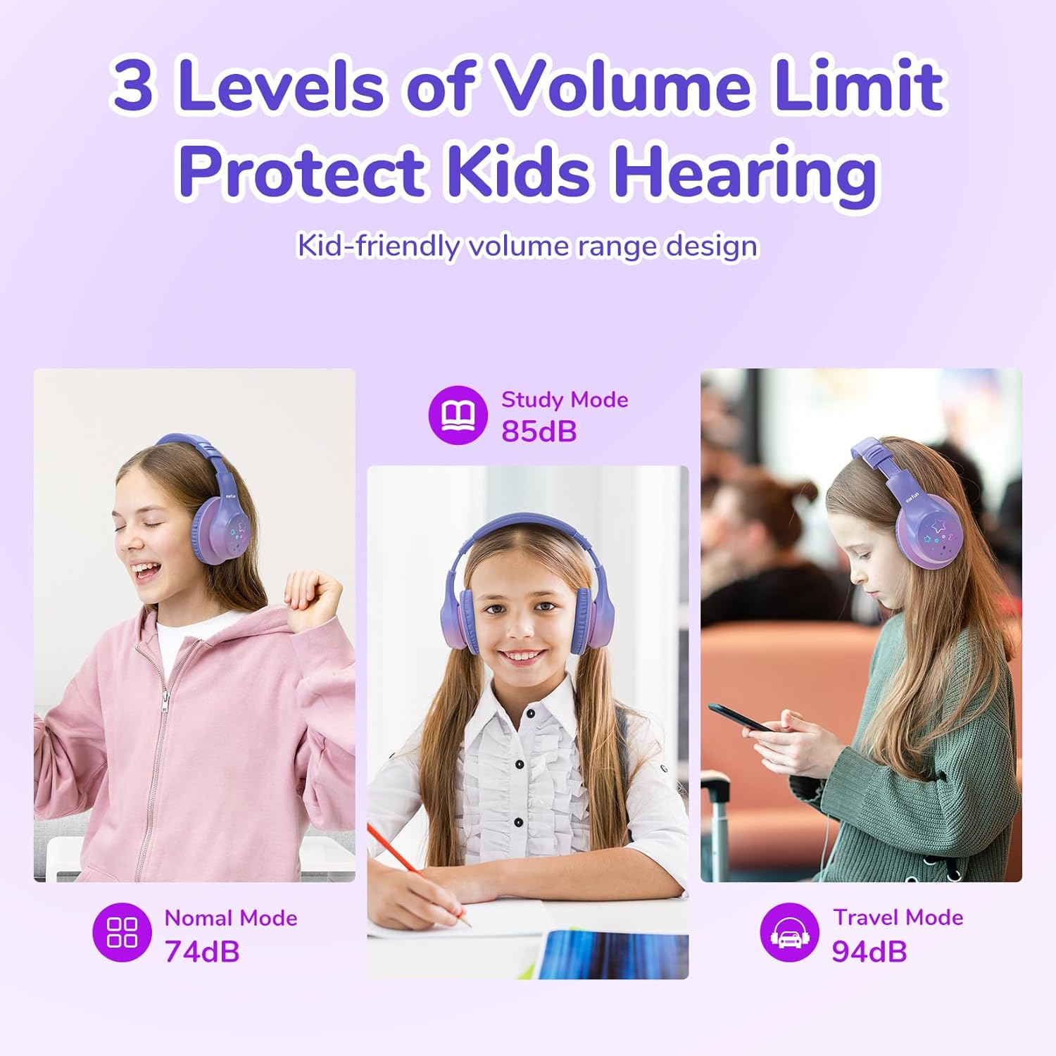 Earfun K4 Kids Bluetooth Headphones Wireless with LED Lights, 74/85/94Dba Volume Limited, Built-In Mic, 90H Playtime, Bluetooth 5.4 over Ear Headphones for Ipad/Pc/Tablet/School, Violet - Blue image number 4