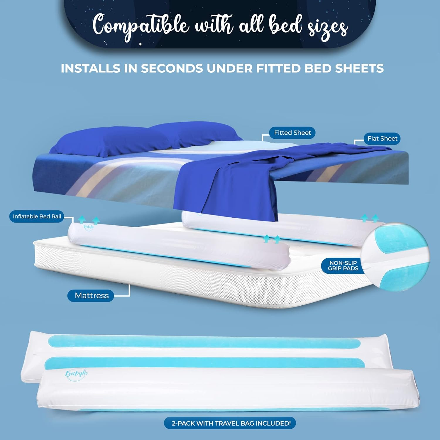 Babylio Inflatable Bed Rail [2-Pack] Travel Bed Rails for Toddlers- Lightweight & Durable Bed Guard Rails Compatible with Twin, Full, Queen & King Bed Sizes- No Pump Required- with Travel Bag image number 1