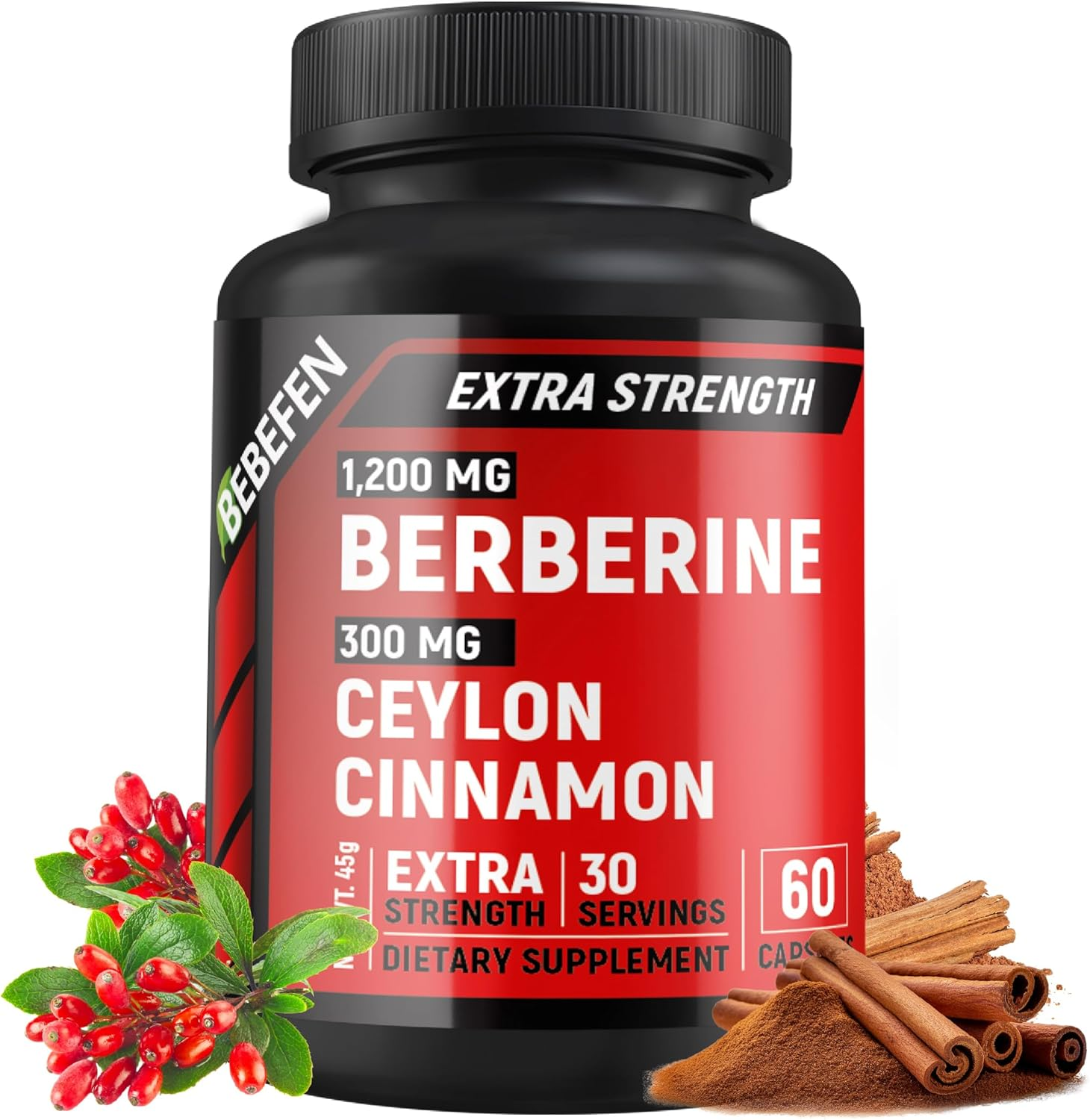 BEBEFEN Premium Berberine Hcl 1200Mg plus Ceylon Cinnamon 300Mg, Berberine HCI Root Supplements Pills - Non-Gmo, Vegan, Gluten Free. 60 Easy to Swallow Capsules image number 2